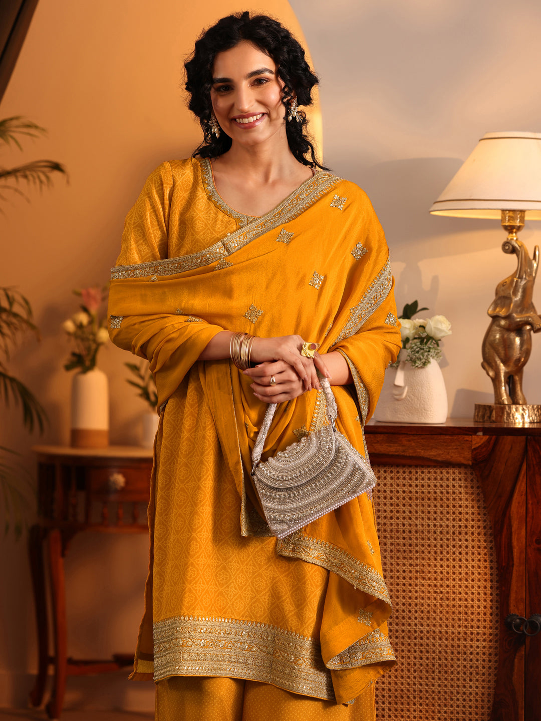 Libas Art Mustard Embroidered Chinon Straight Suit Set With Dupatta