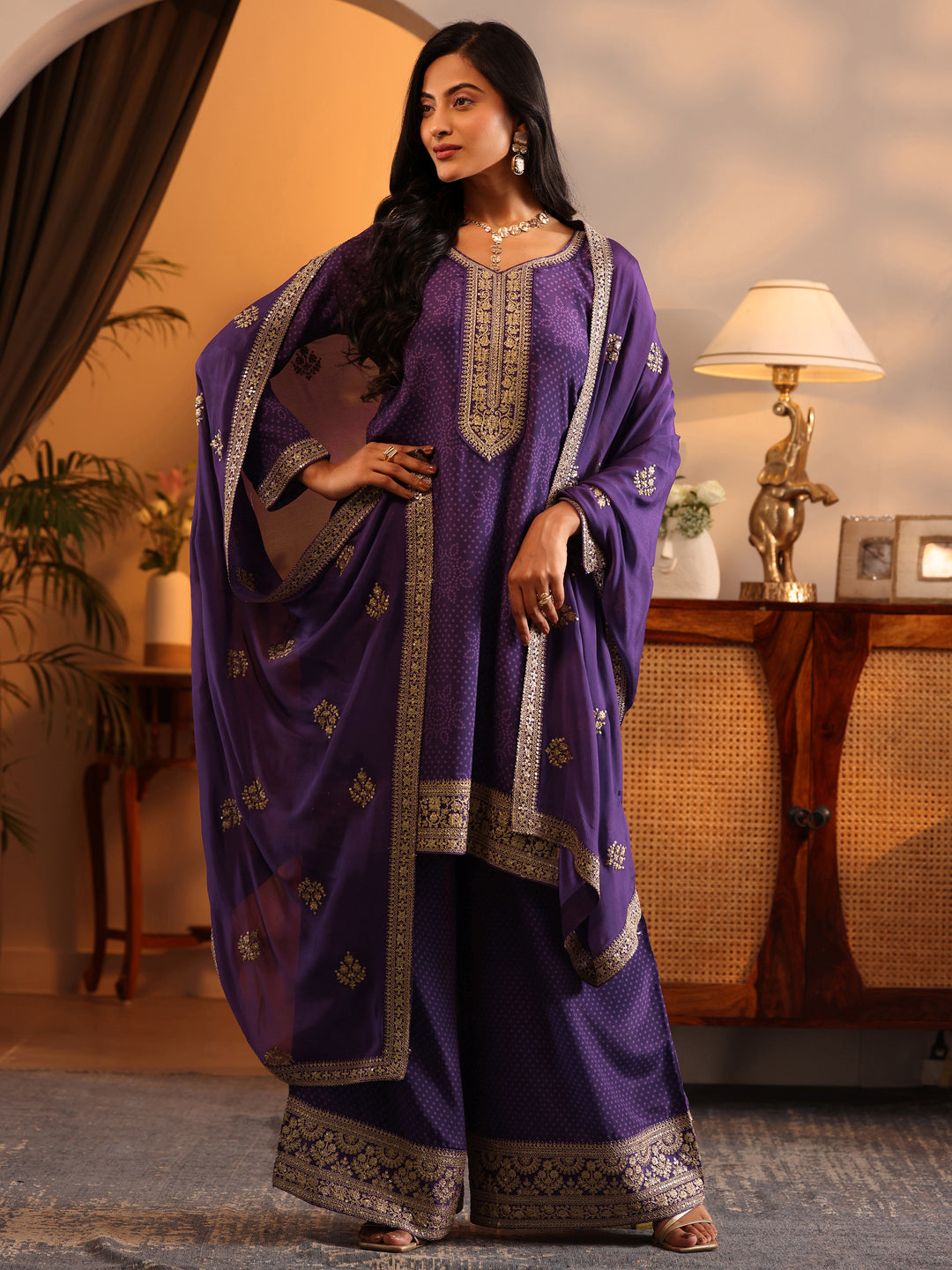 Libas Art Purple Embroidered Chinon Straight Suit Set With Dupatta