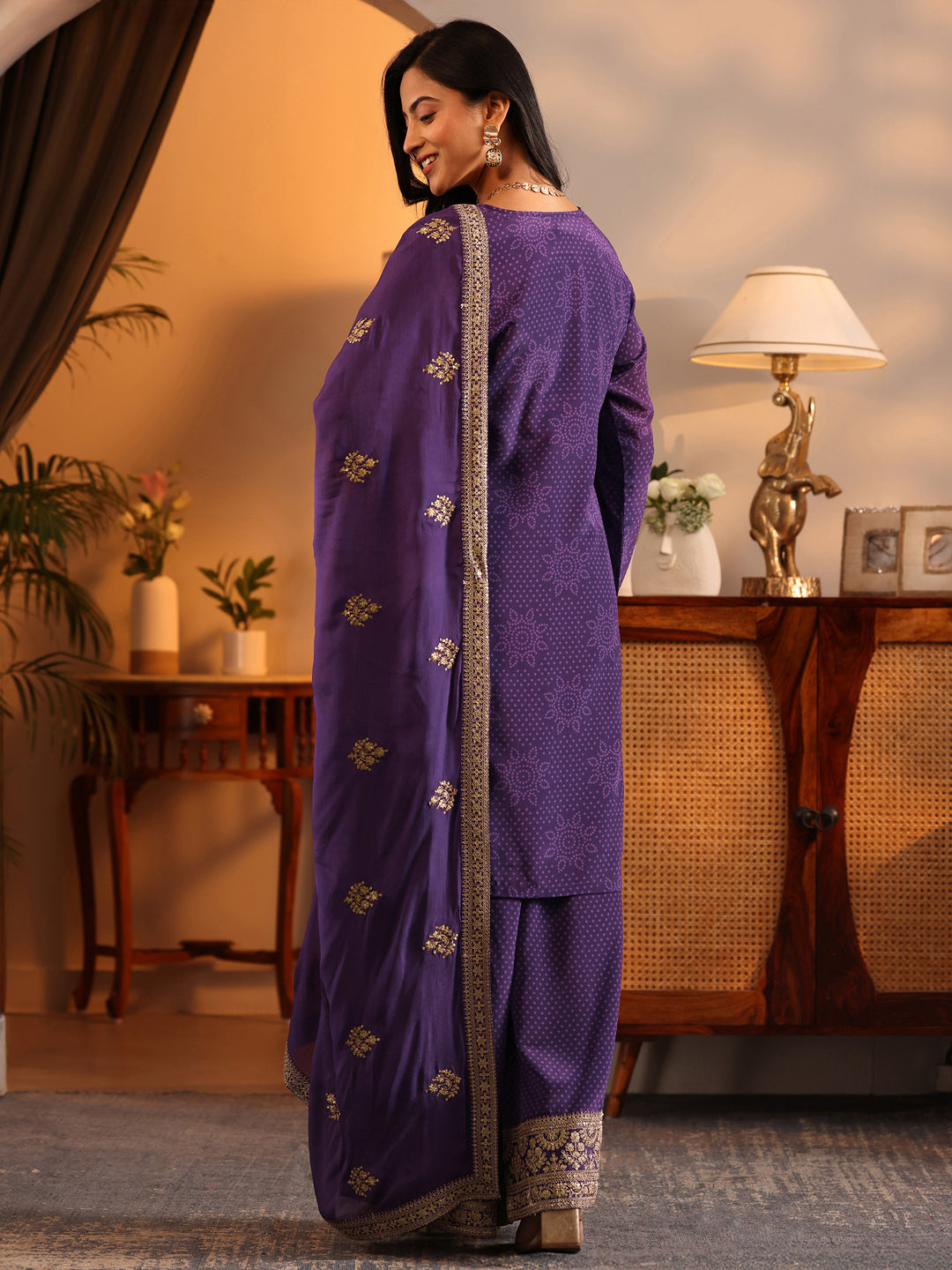 Libas Art Purple Embroidered Chinon Straight Suit Set With Dupatta 