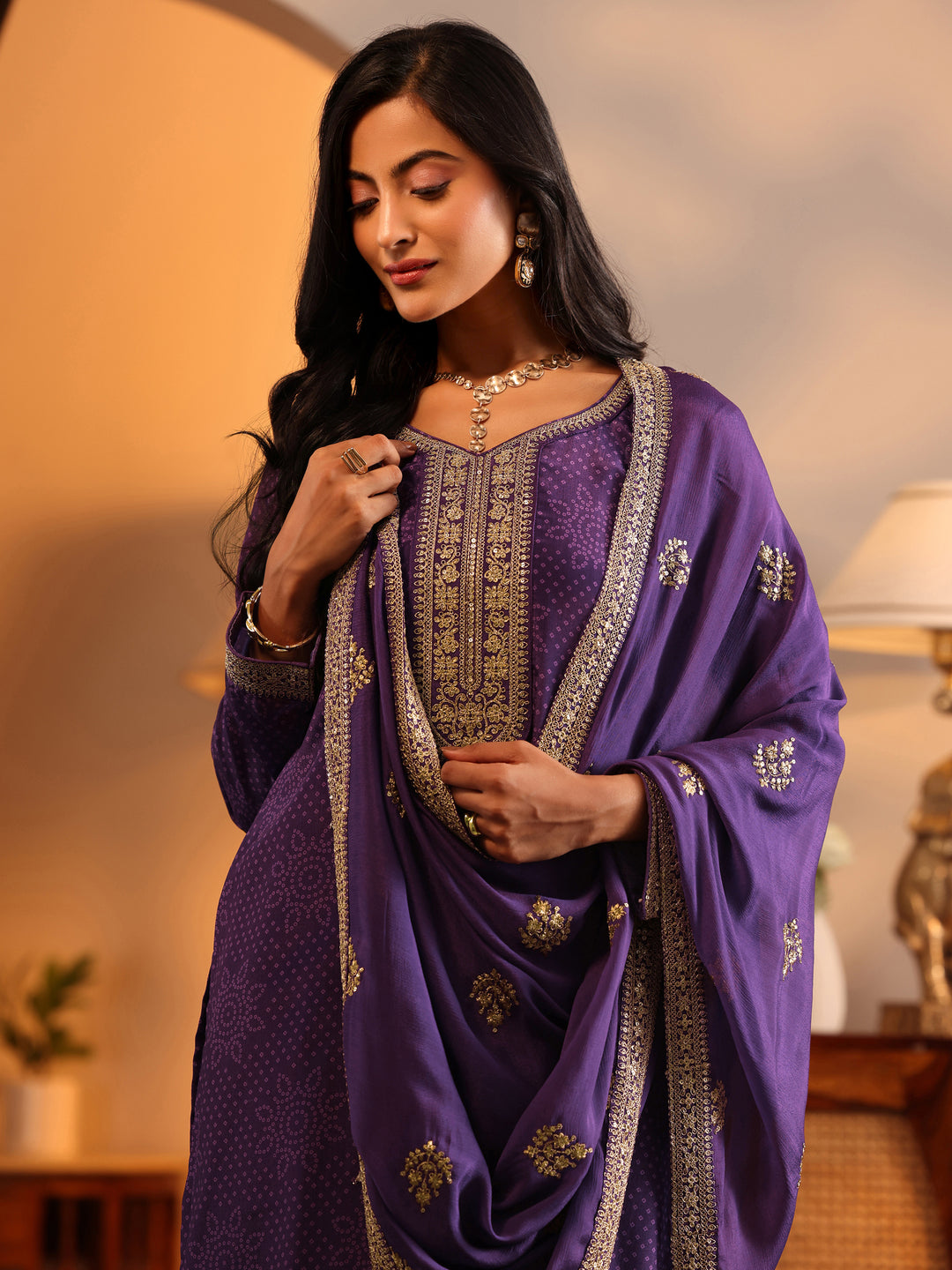  Libas Art Purple Embroidered Chinon Straight Suit Set With Dupatta 