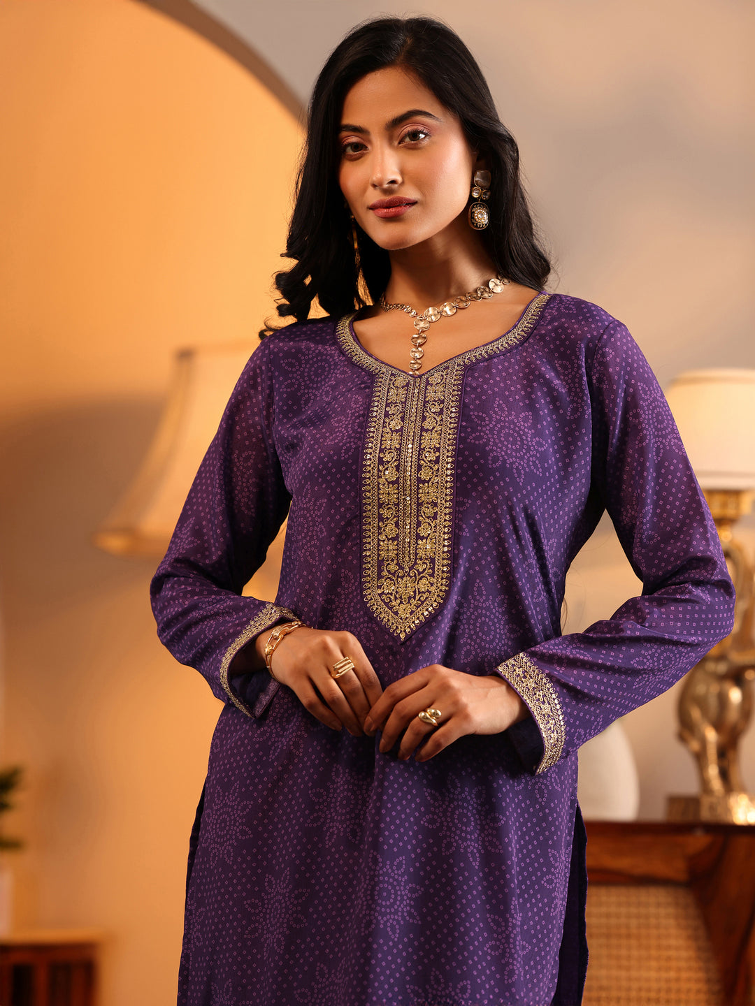  Libas Art Purple Embroidered Chinon Straight Suit Set With Dupatta 