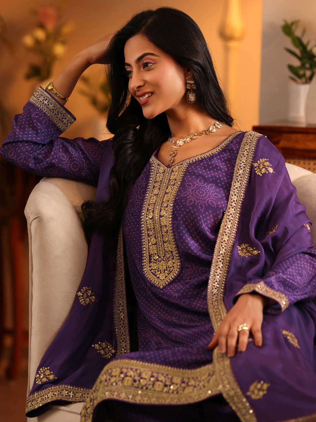  Libas Art Purple Embroidered Chinon Straight Suit Set With Dupatta 