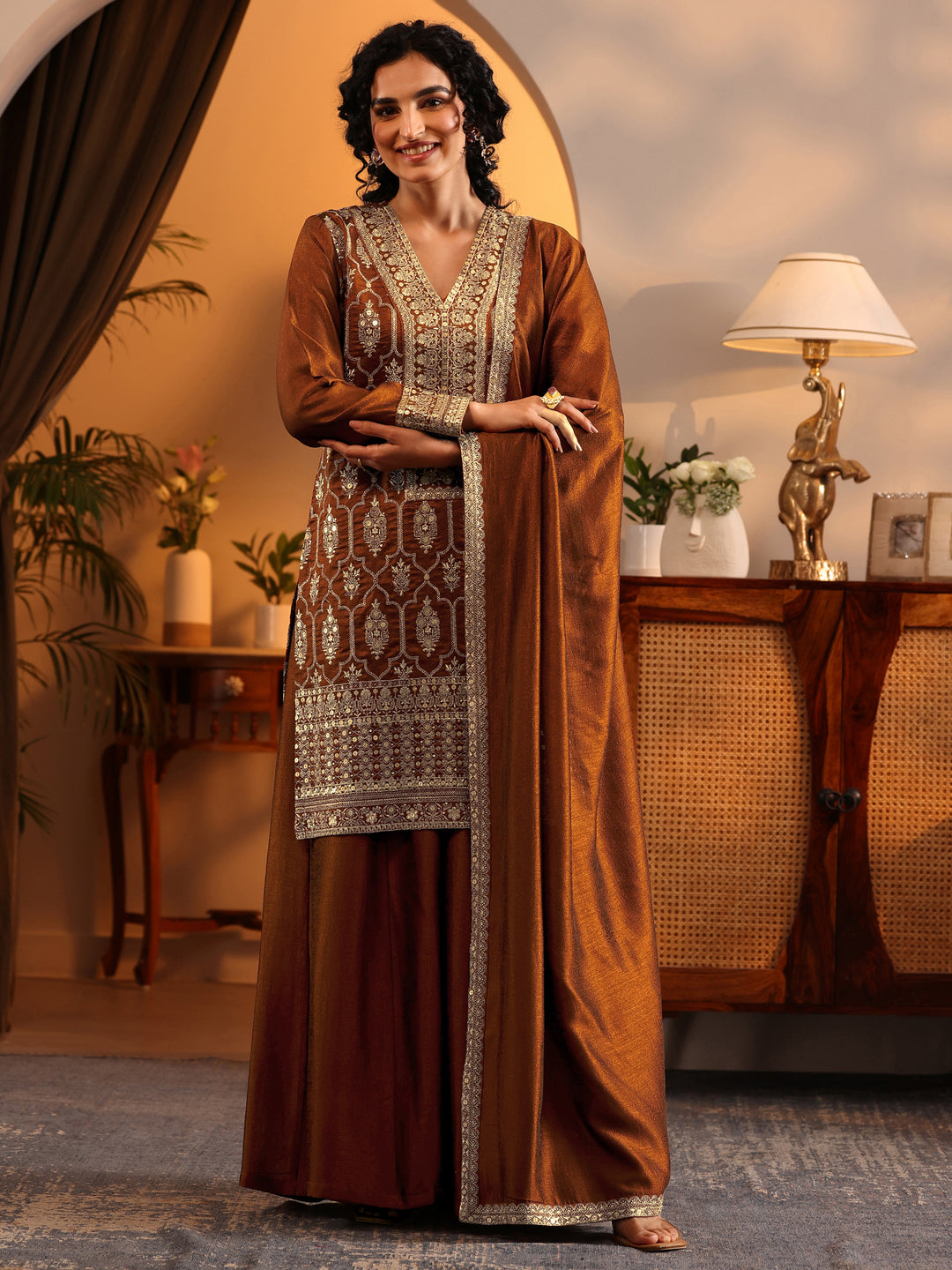  Libas Art Brown Embroidered Silk Blend Straight Suit Set With Dupatta 