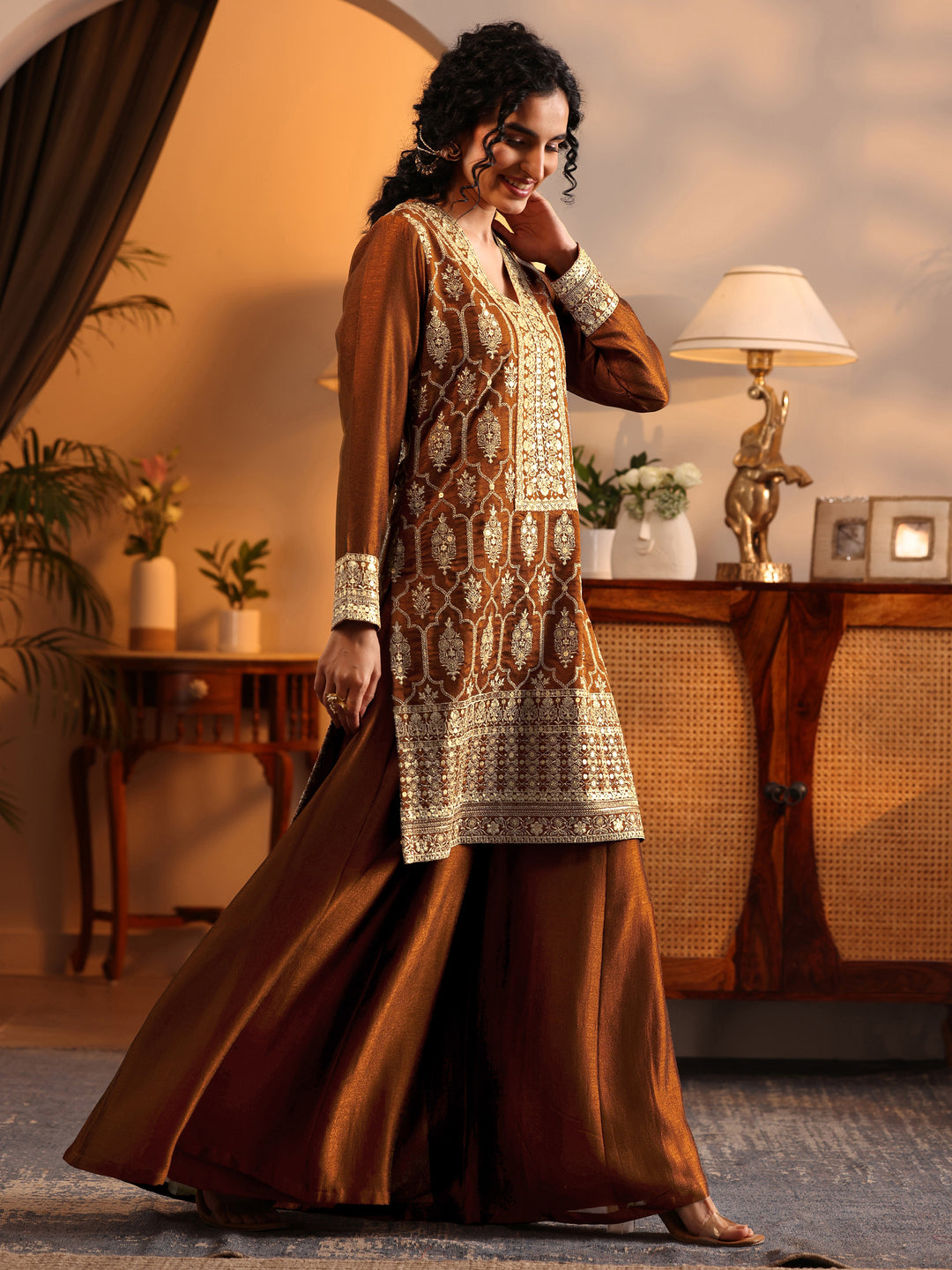  Libas Art Brown Embroidered Silk Blend Straight Suit Set With Dupatta 