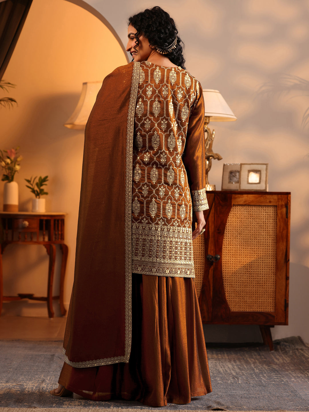  Libas Art Brown Embroidered Silk Blend Straight Suit Set With Dupatta 