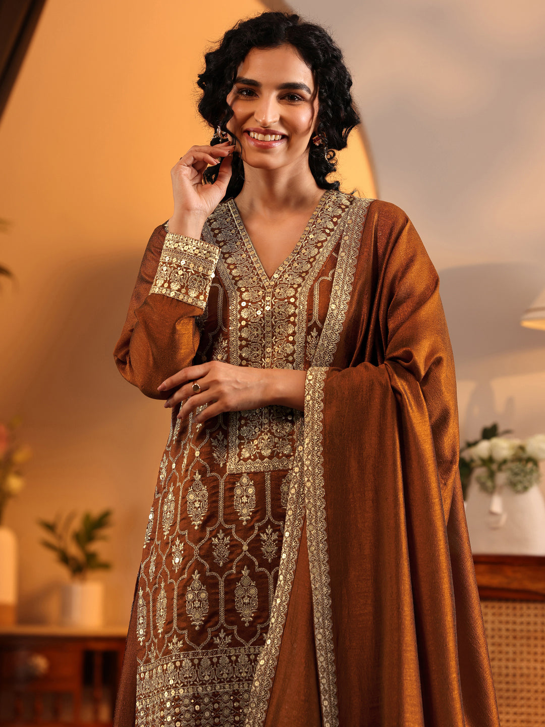  Libas Art Brown Embroidered Silk Blend Straight Suit Set With Dupatta 