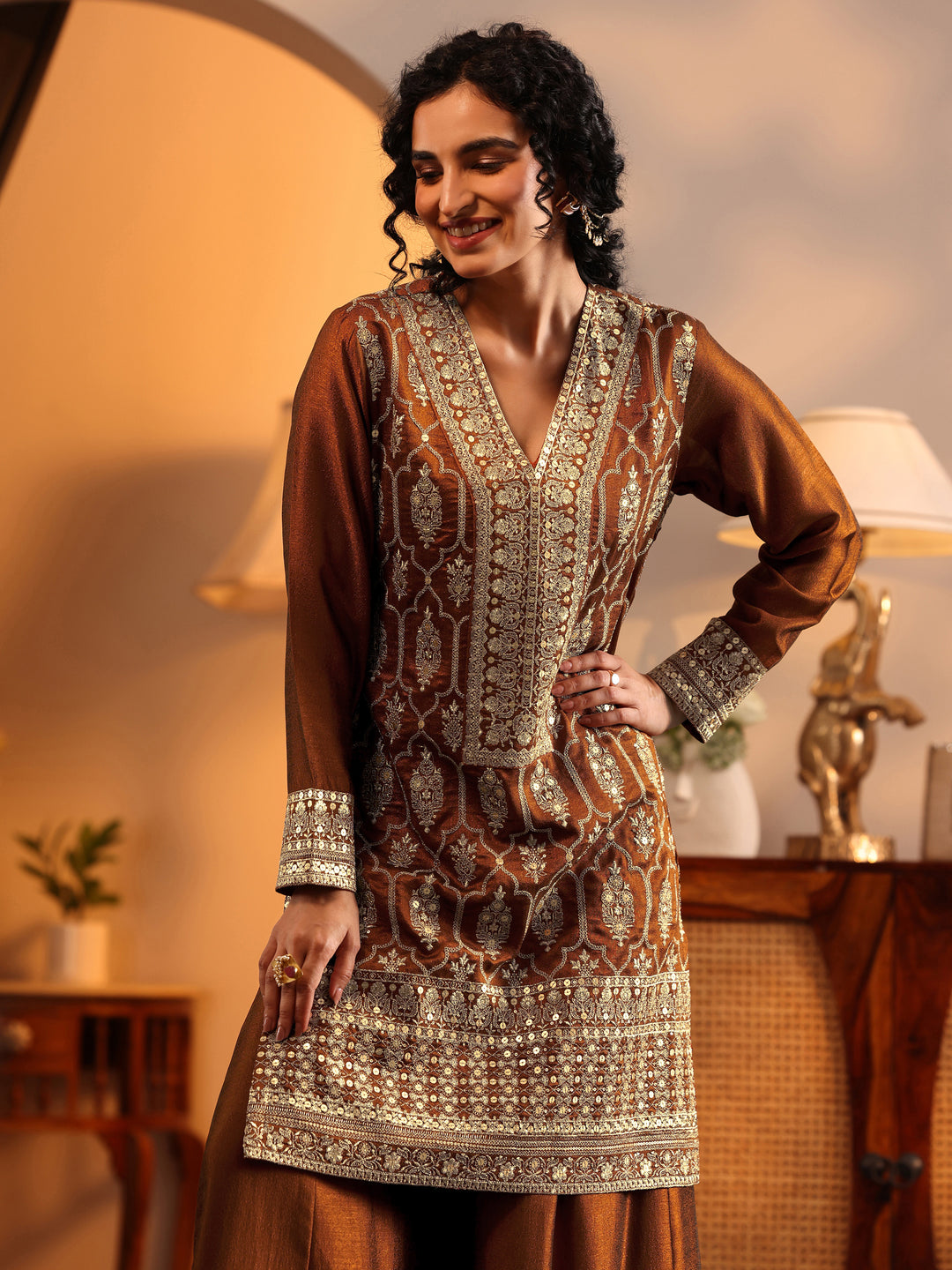  Libas Art Brown Embroidered Silk Blend Straight Suit Set With Dupatta 