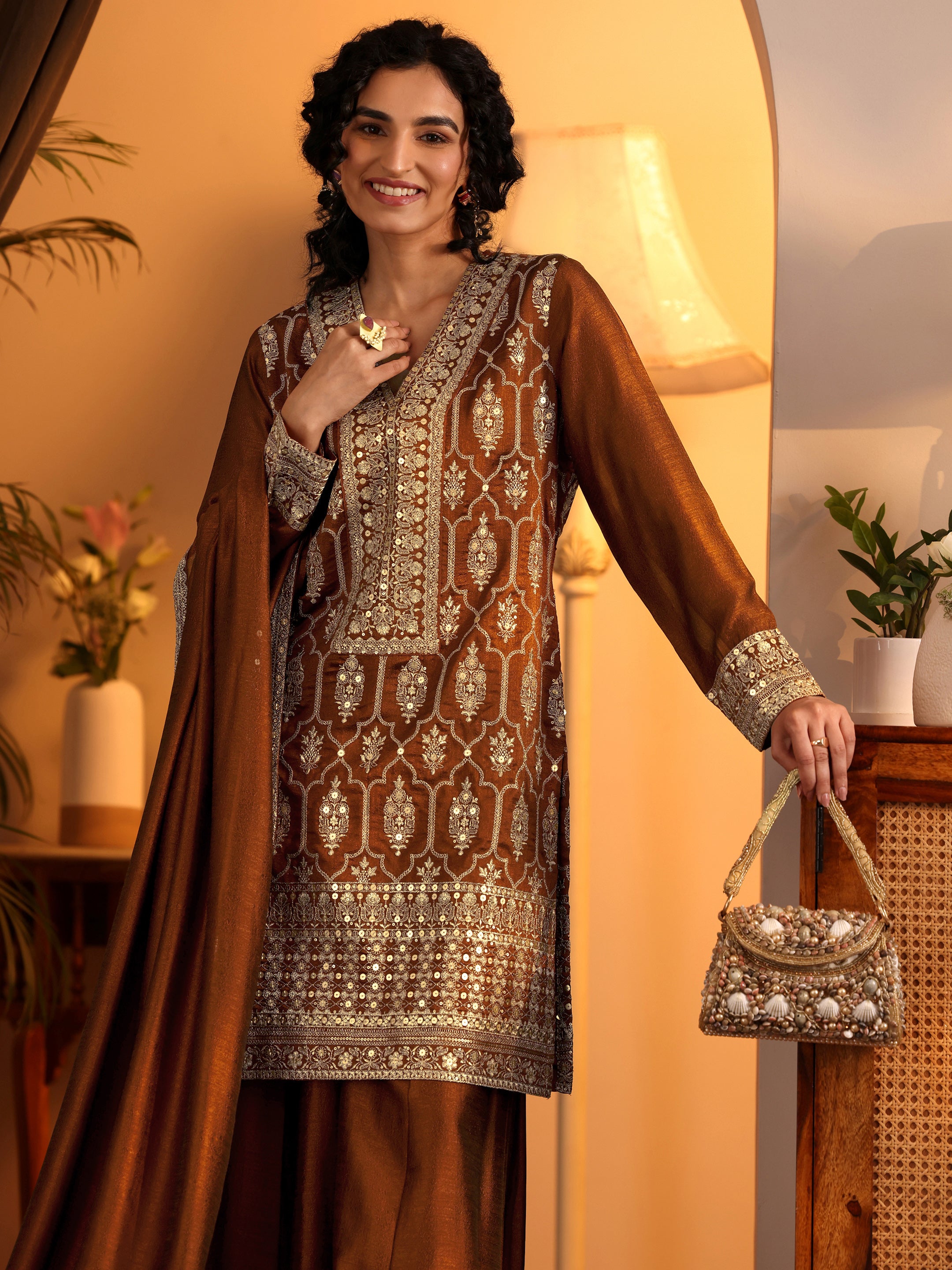 Libas Art Brown Embroidered Silk Blend Straight Suit Set With Dupatta-picture-26