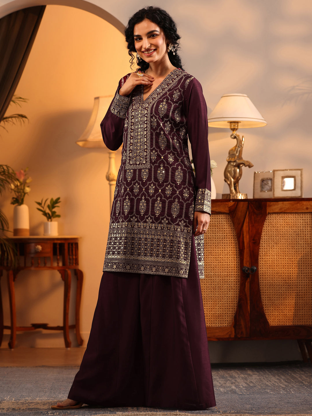  Libas Art Maroon Embroidered Silk Blend Straight Suit Set With Dupatta 
