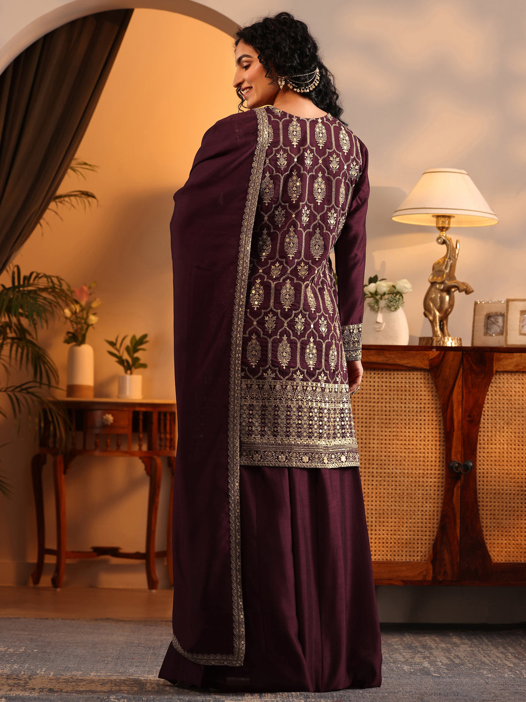  Libas Art Maroon Embroidered Silk Blend Straight Suit Set With Dupatta 