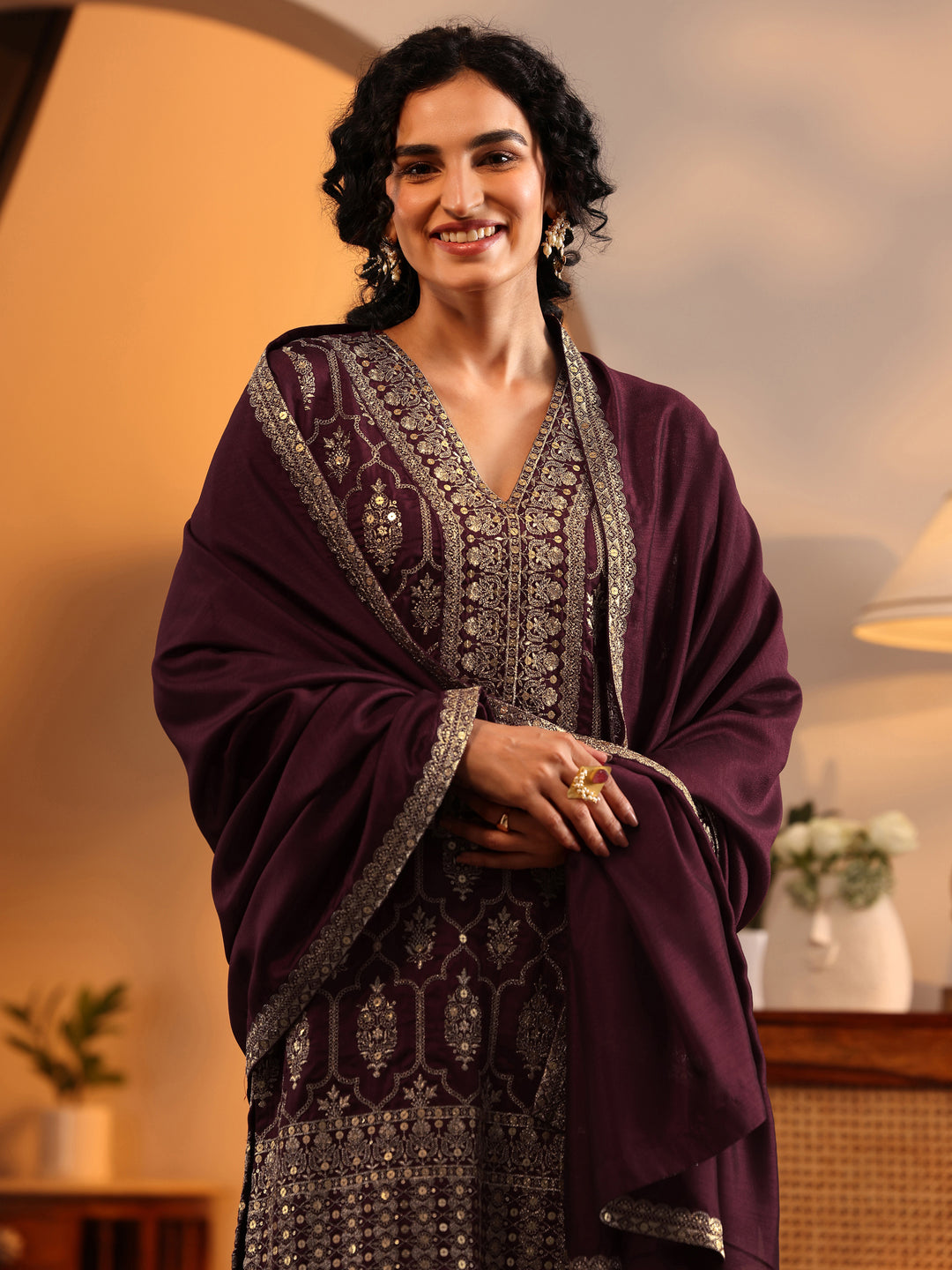  Libas Art Maroon Embroidered Silk Blend Straight Suit Set With Dupatta 