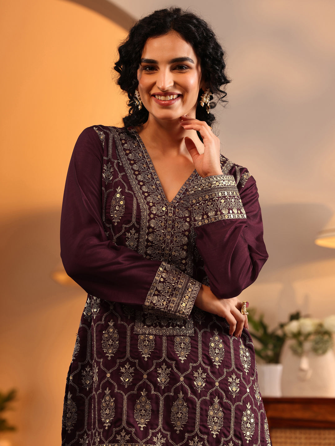  Libas Art Maroon Embroidered Silk Blend Straight Suit Set With Dupatta 