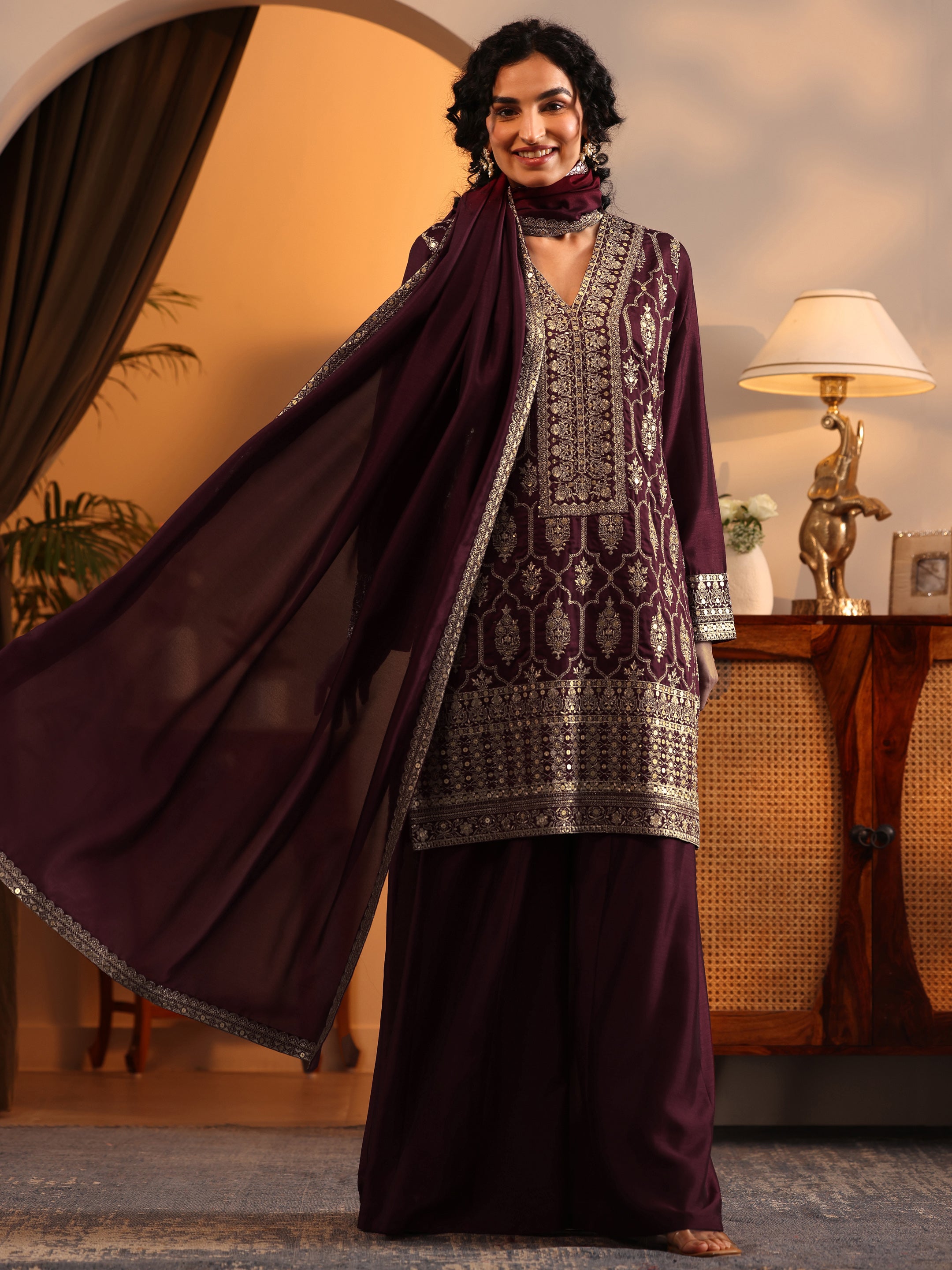 Libas Art Maroon Embroidered Silk Blend Straight Suit Set With Dupatta-picture-18