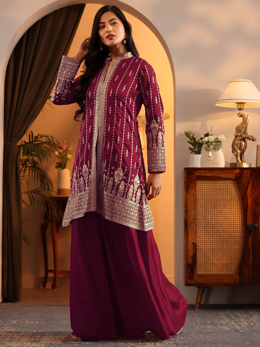  Libas Art Pink Embroidered Silk Blend Straight Suit Set With Dupatta 