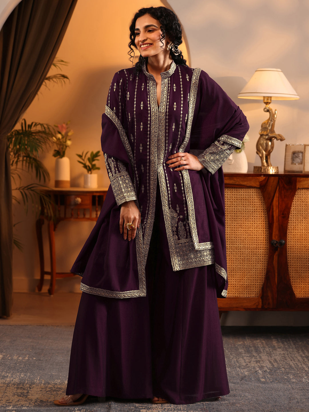  Libas Art Burgundy Embroidered Silk Blend Straight Suit Set With Dupatta 