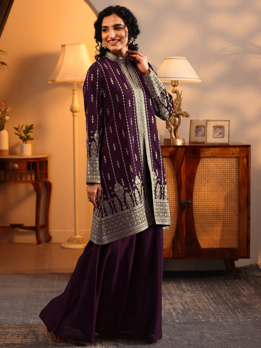  Libas Art Burgundy Embroidered Silk Blend Straight Suit Set With Dupatta 