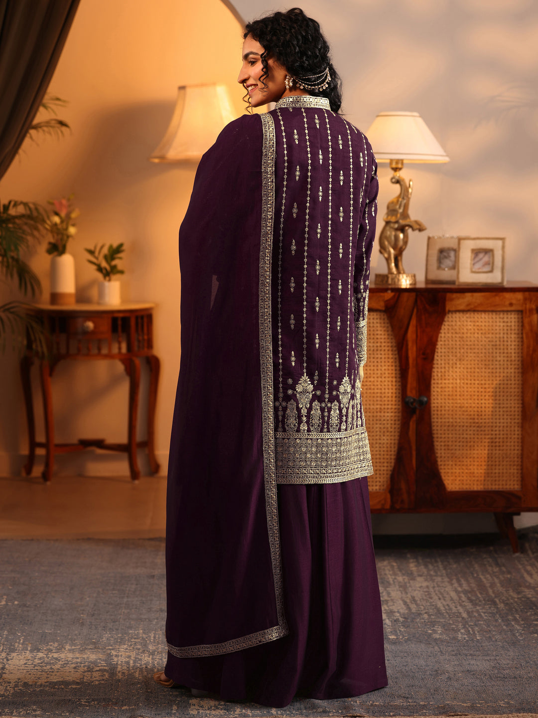  Libas Art Burgundy Embroidered Silk Blend Straight Suit Set With Dupatta 