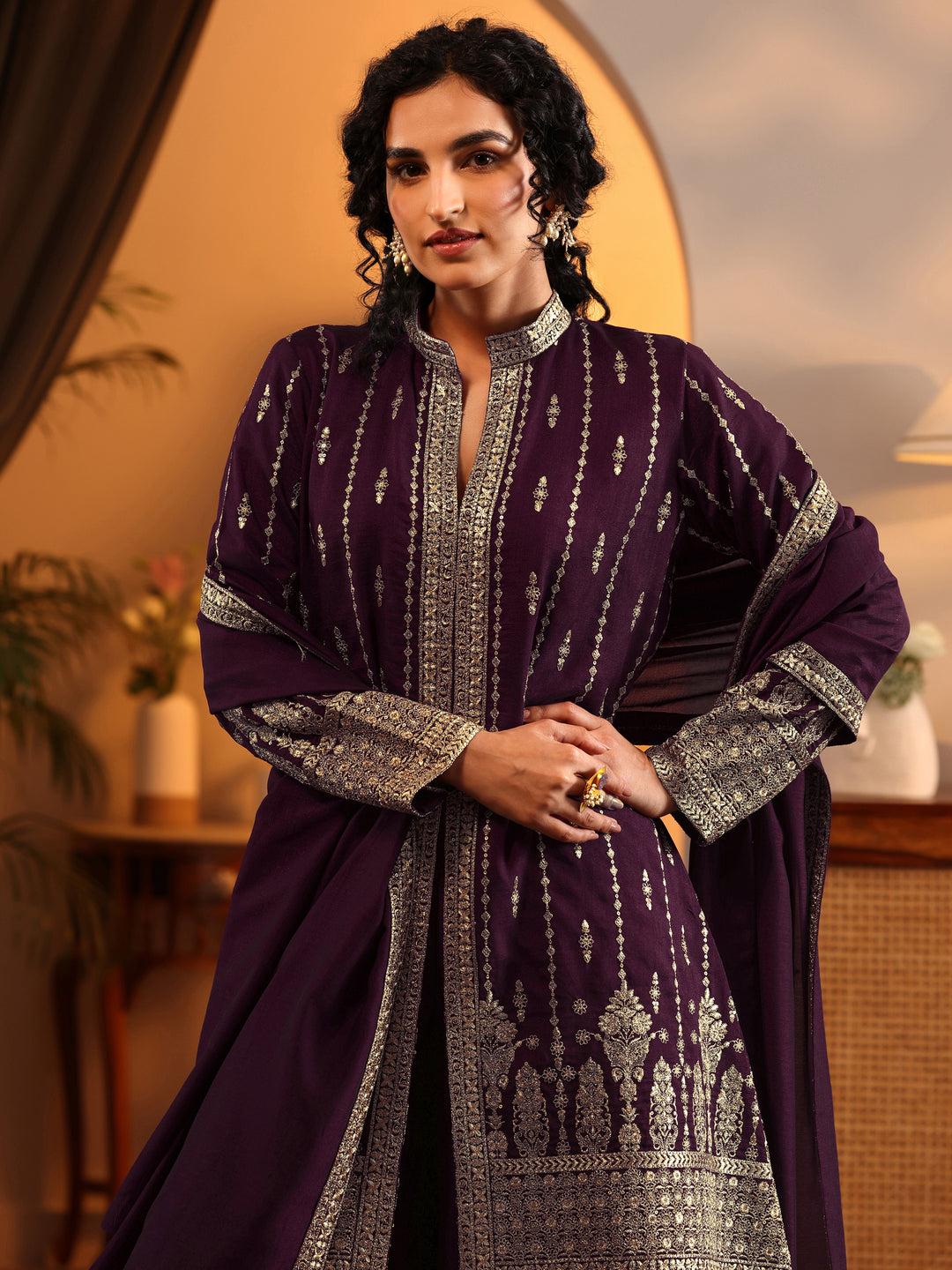  Libas Art Burgundy Embroidered Silk Blend Straight Suit Set With Dupatta 