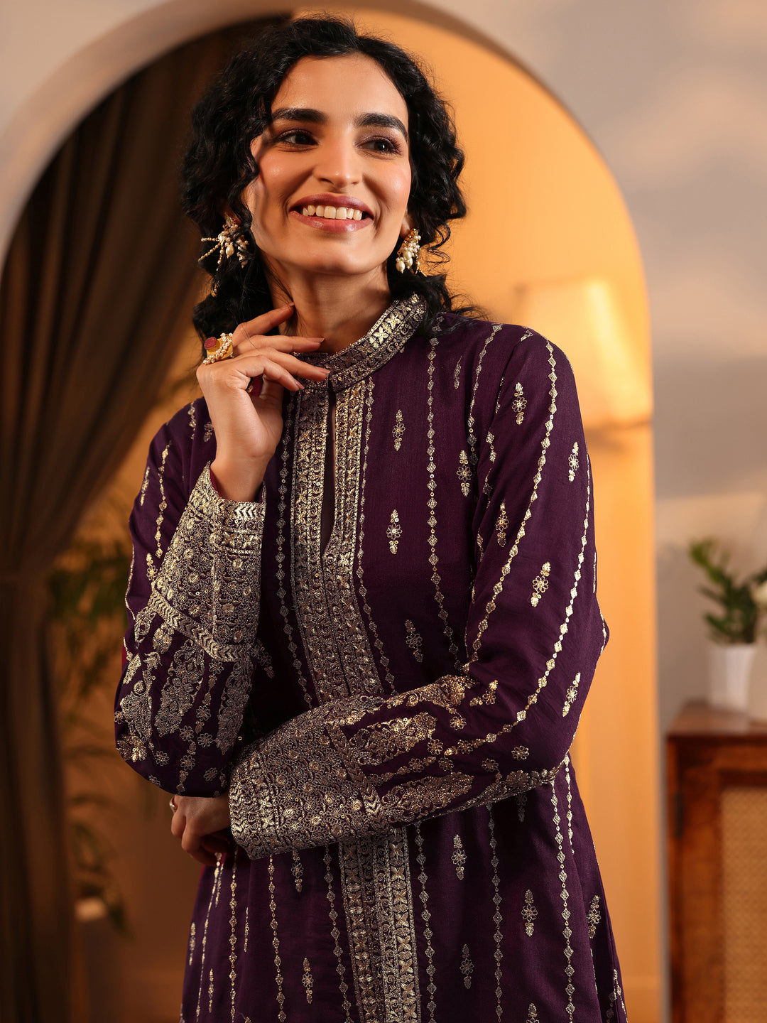  Libas Art Burgundy Embroidered Silk Blend Straight Suit Set With Dupatta 