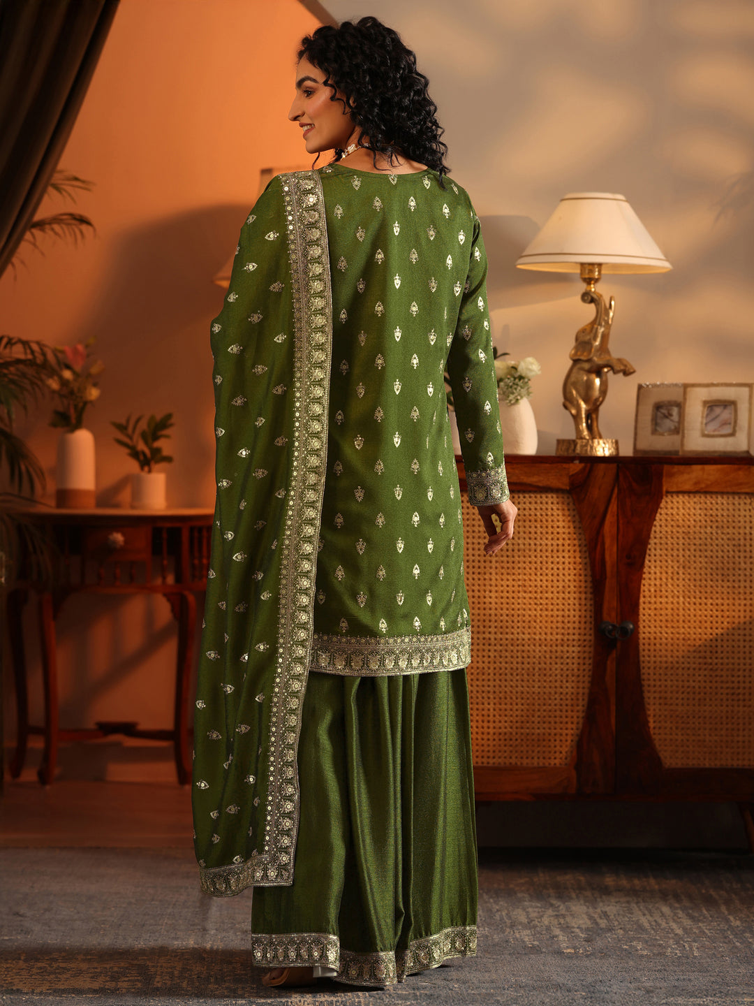  Ira Libas Art Olive Embroidered Silk Blend Straight Suit Set With Dupatta 