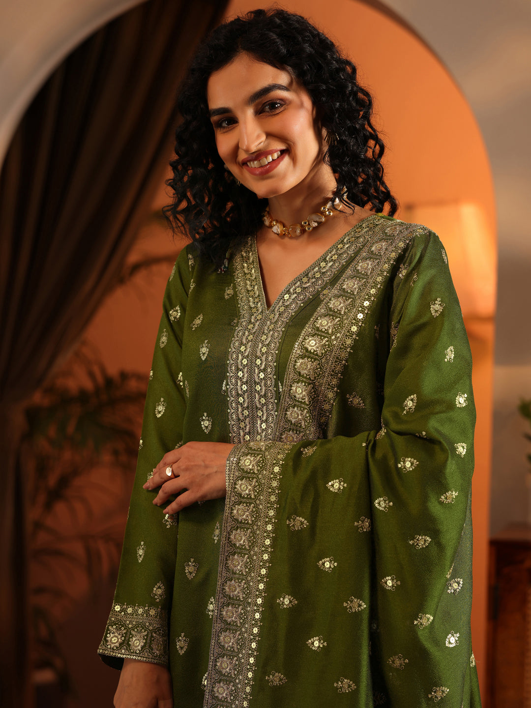  Ira Libas Art Olive Embroidered Silk Blend Straight Suit Set With Dupatta 