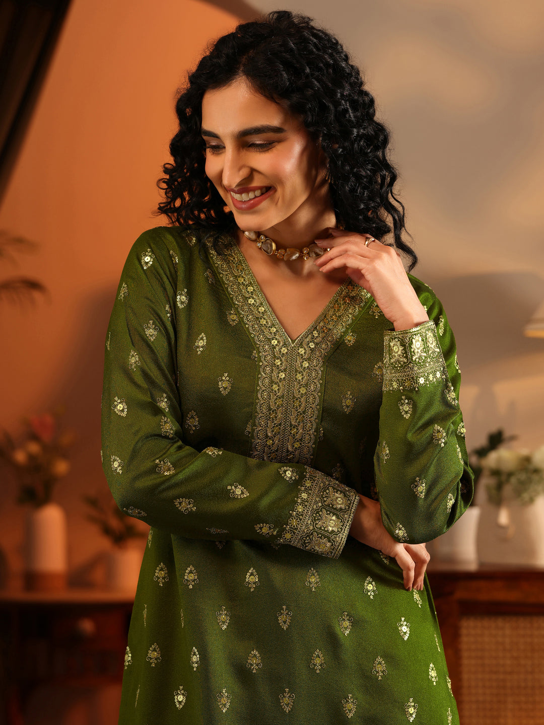  Ira Libas Art Olive Embroidered Silk Blend Straight Suit Set With Dupatta 