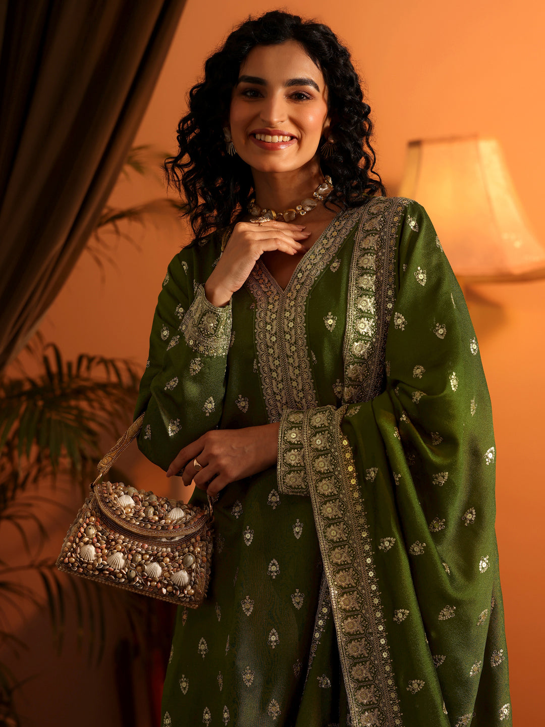  Ira Libas Art Olive Embroidered Silk Blend Straight Suit Set With Dupatta 
