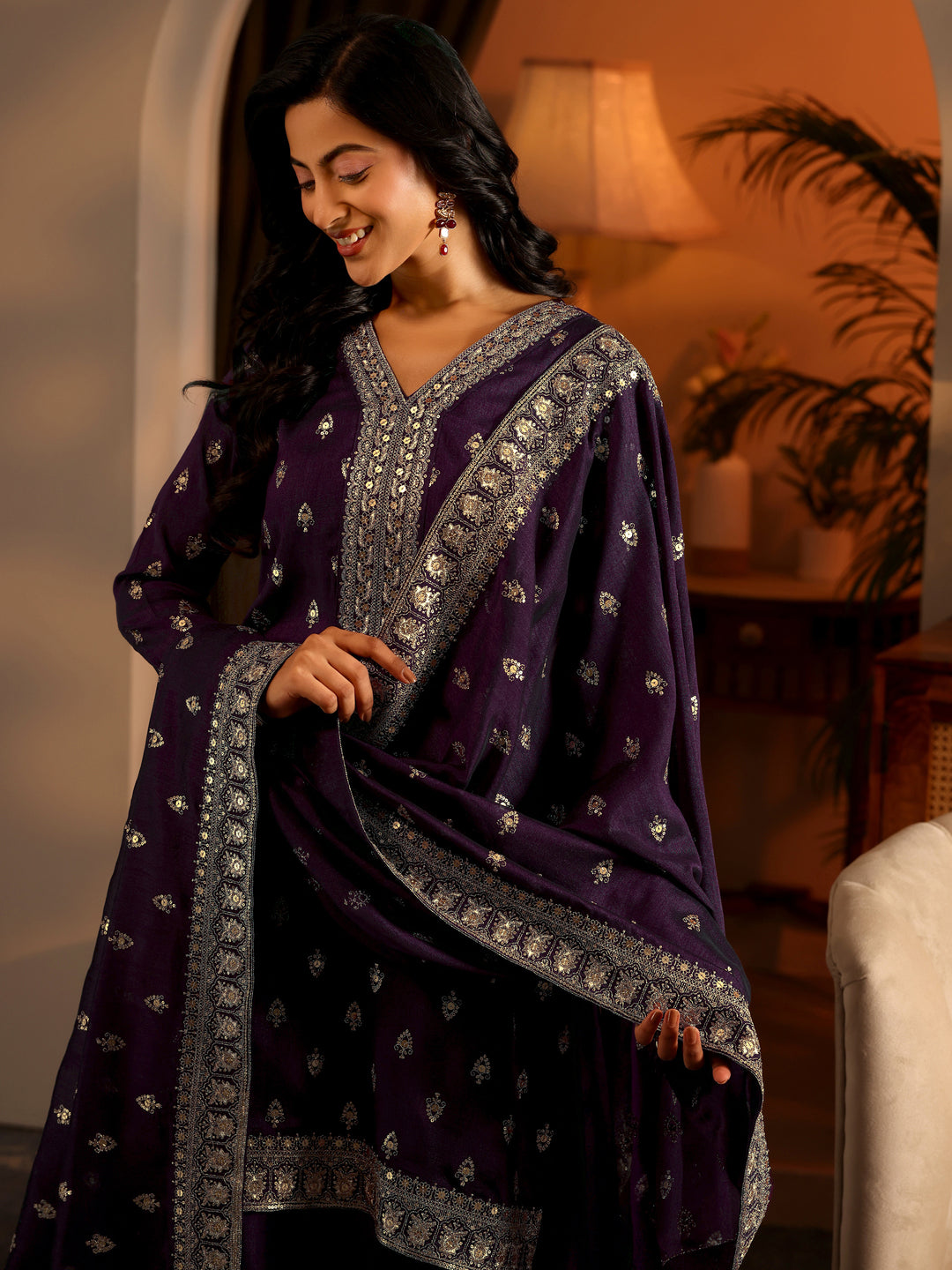  Libas Art Magenta Woven Design Silk Blend Anarkali Suit Set With Dupatta 