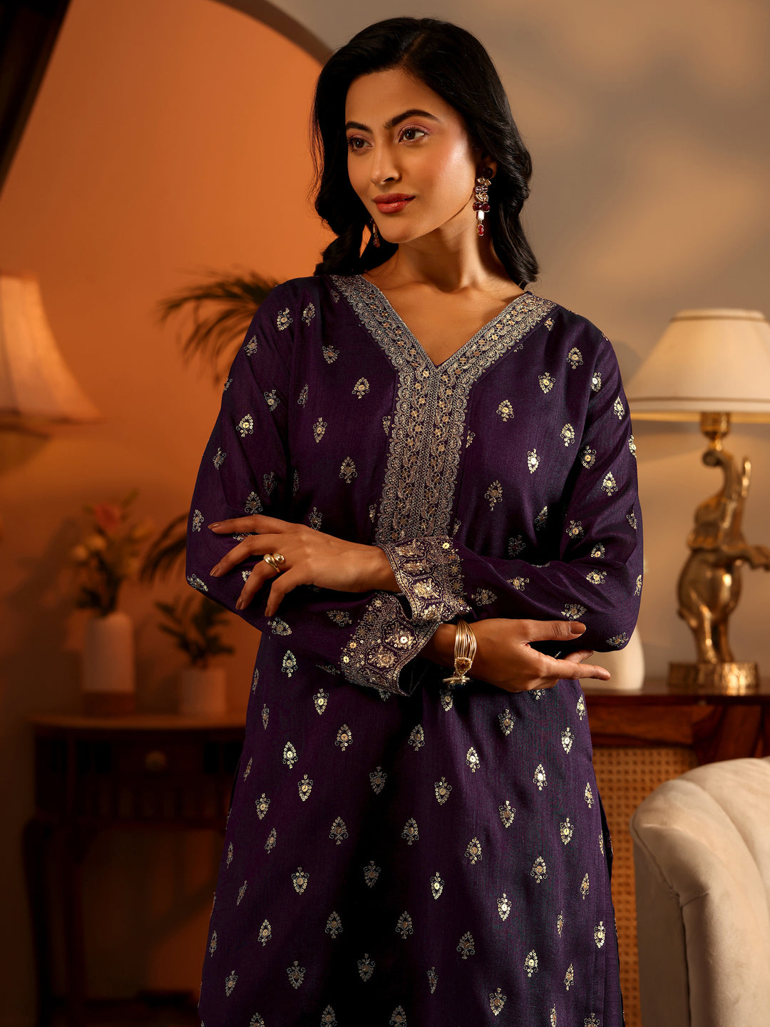  Libas Art Purple Embroidered Silk Blend Straight Suit Set With Dupatta 