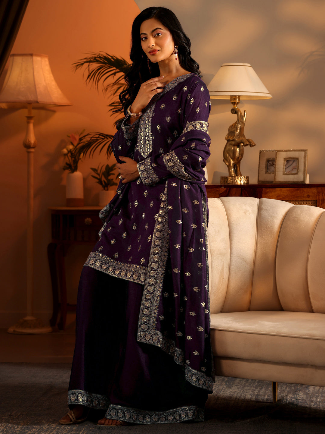 Libas Art Purple Embroidered Silk Blend Straight Suit Set With Dupatta