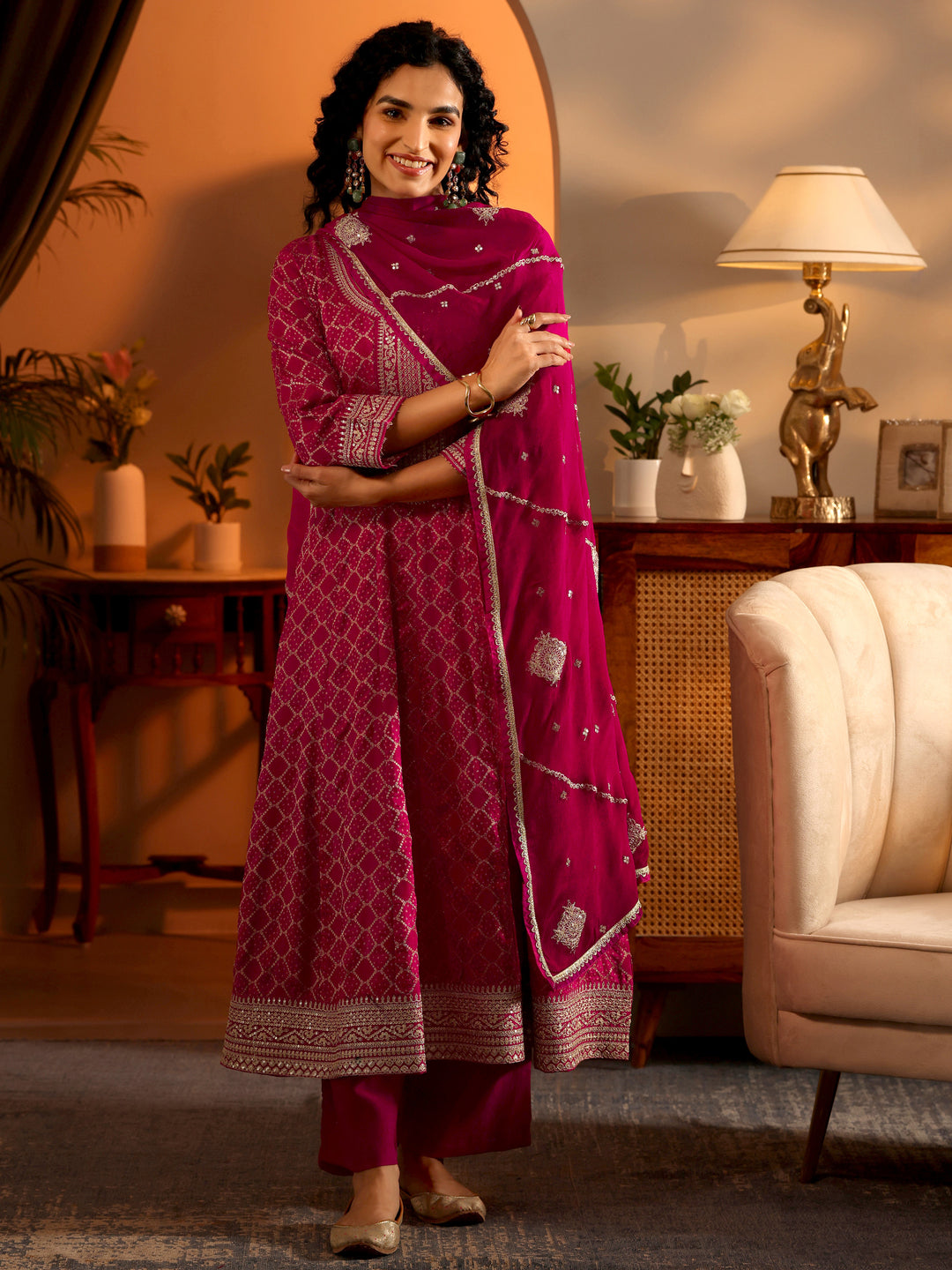  Libas Art Magenta Woven Design Silk Blend Anarkali Suit Set With Dupatta 