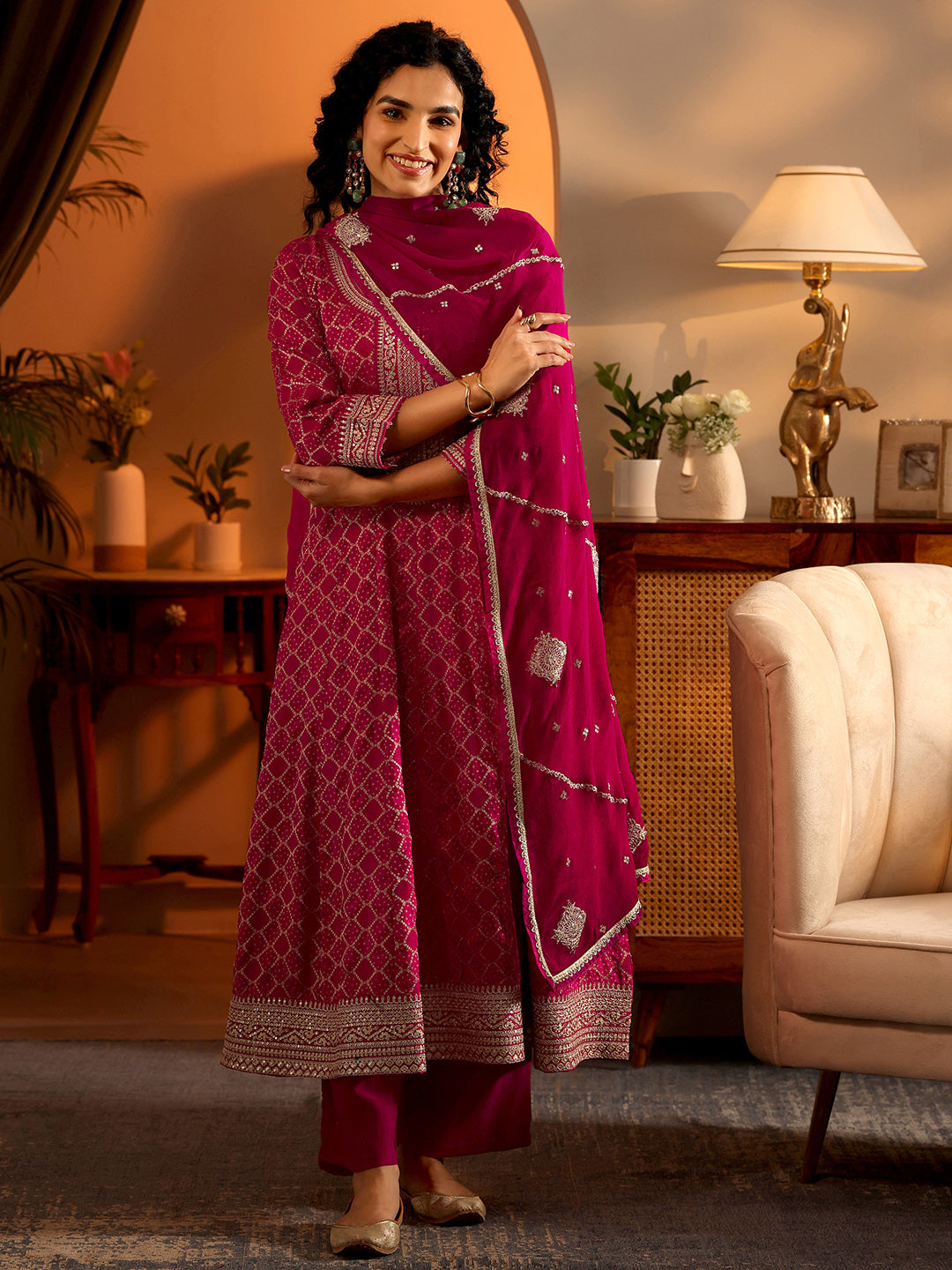  Libas Art Magenta Woven Design Silk Blend Anarkali Suit Set With Dupatta 