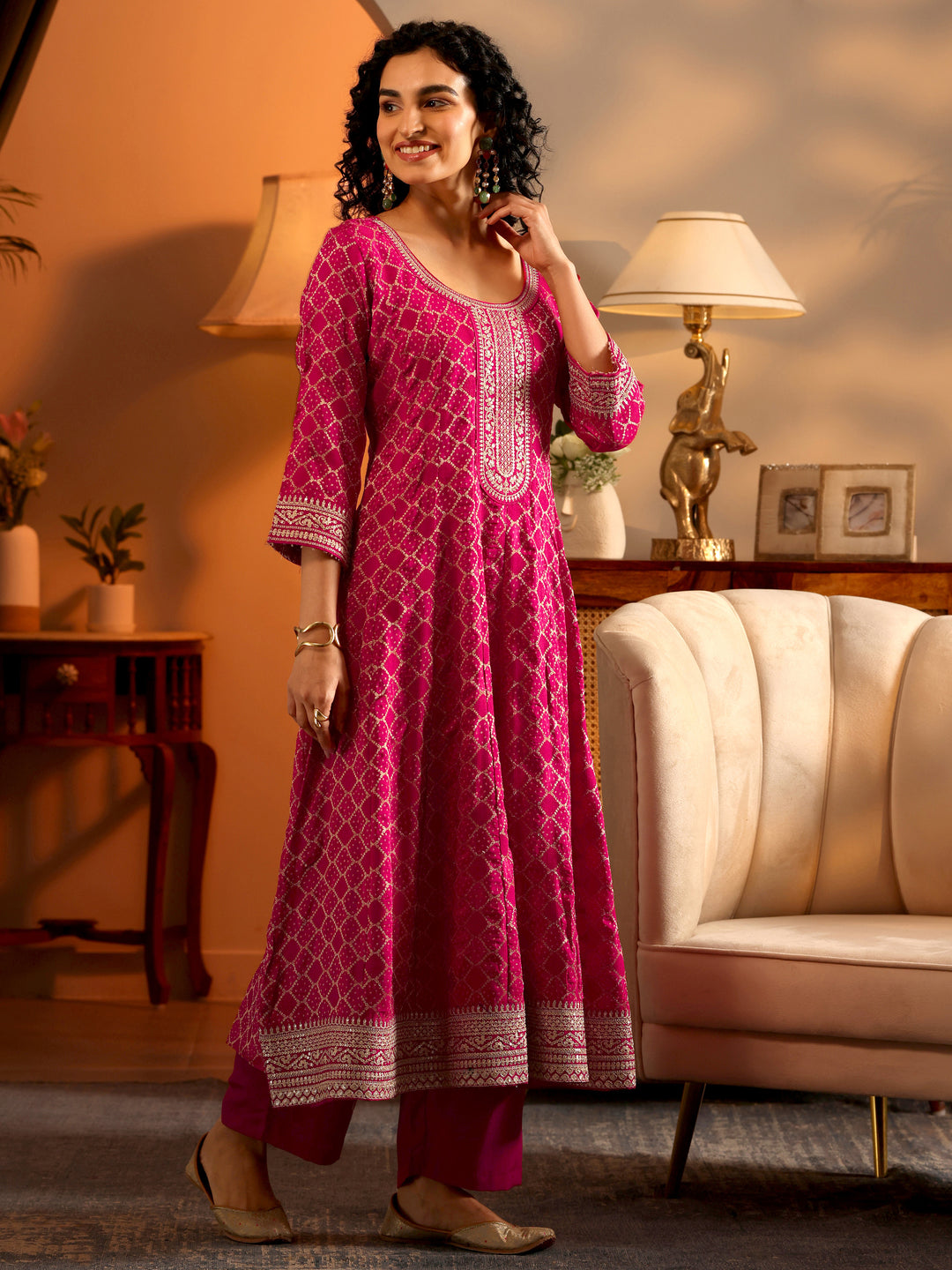  Libas Art Magenta Woven Design Silk Blend Anarkali Suit Set With Dupatta 