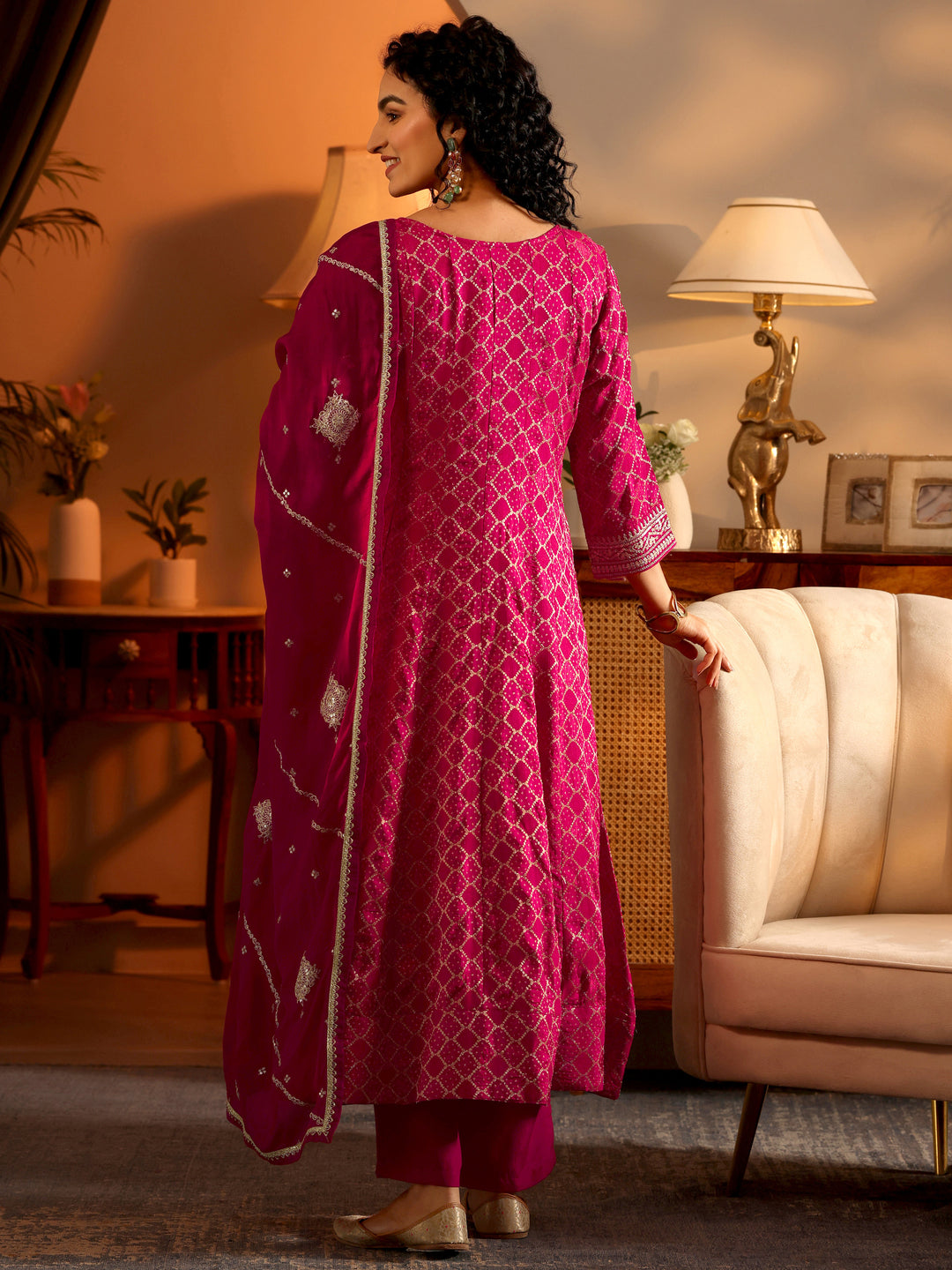  Libas Art Magenta Woven Design Silk Blend Anarkali Suit Set With Dupatta 