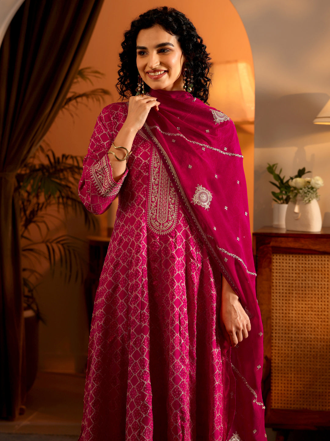  Libas Art Magenta Woven Design Silk Blend Anarkali Suit Set With Dupatta 