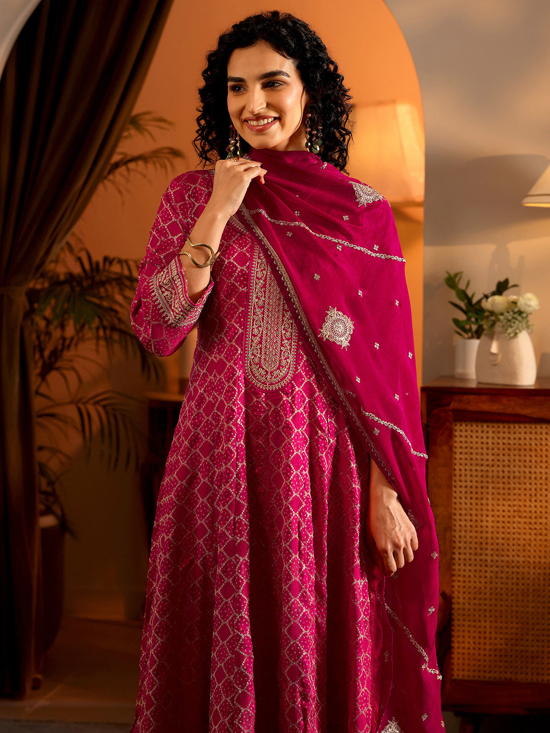  Libas Art Magenta Woven Design Silk Blend Anarkali Suit Set With Dupatta 