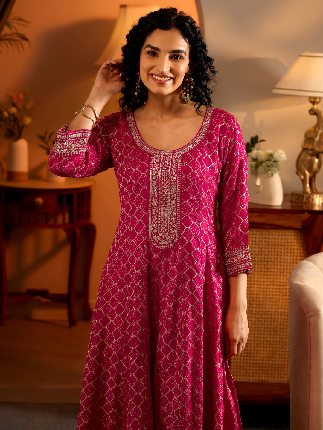  Libas Art Magenta Woven Design Silk Blend Anarkali Suit Set With Dupatta 