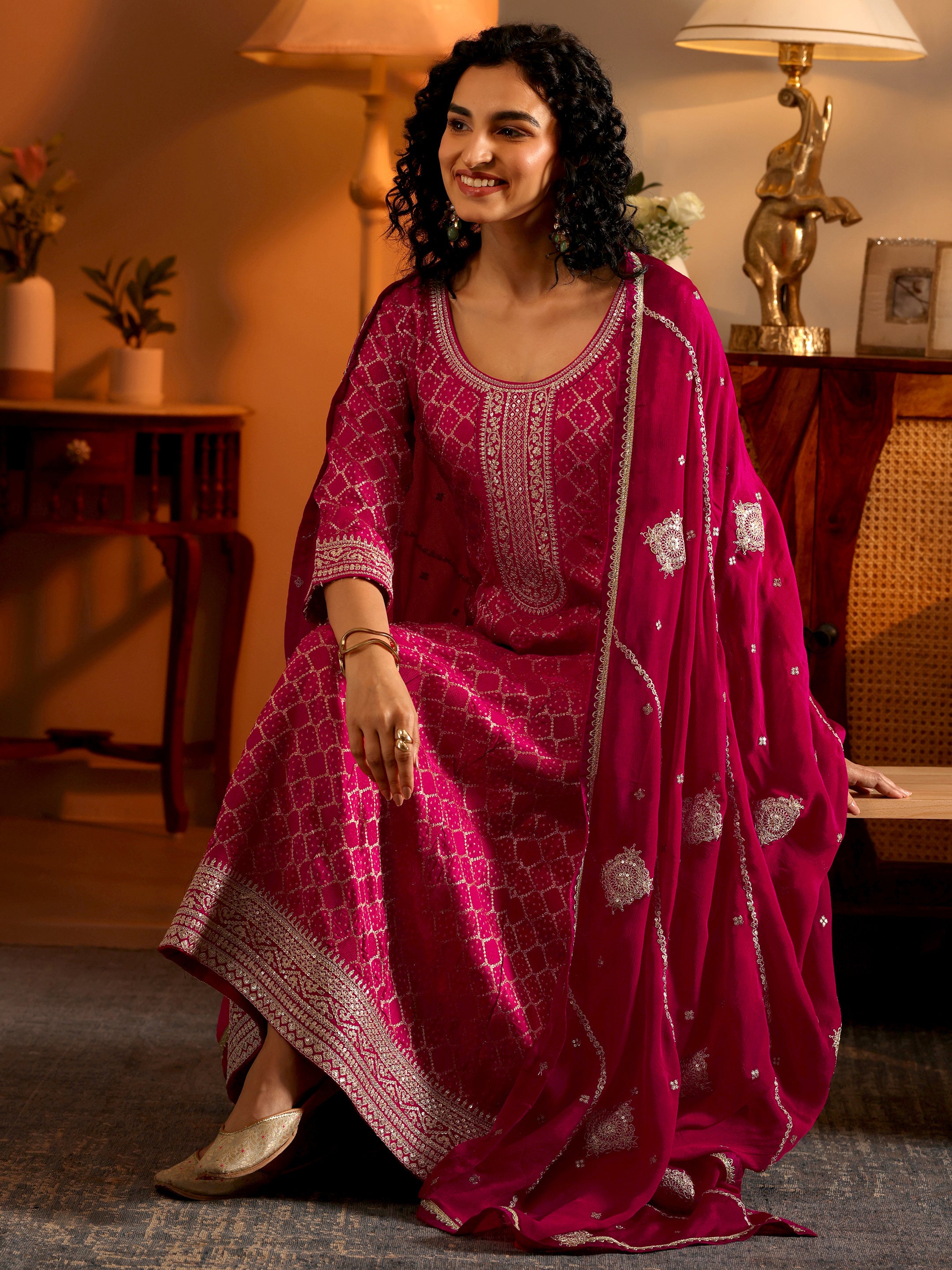 Libas Art Magenta Woven Design Silk Blend Anarkali Suit Set With Dupatta-picture-38