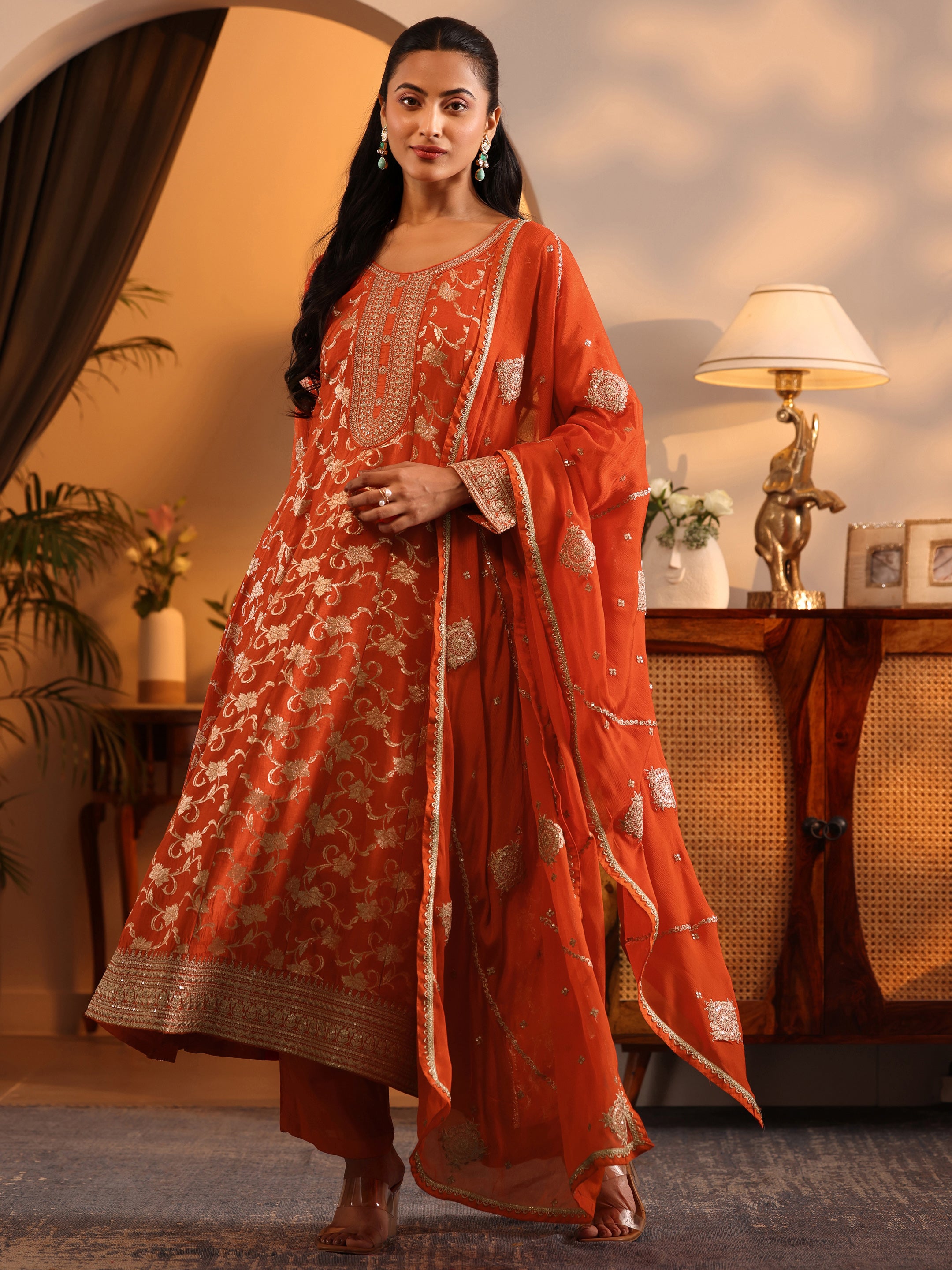 Libas Art Orange Woven Design Silk Blend Anarkali Suit Set With Dupatta-picture-13