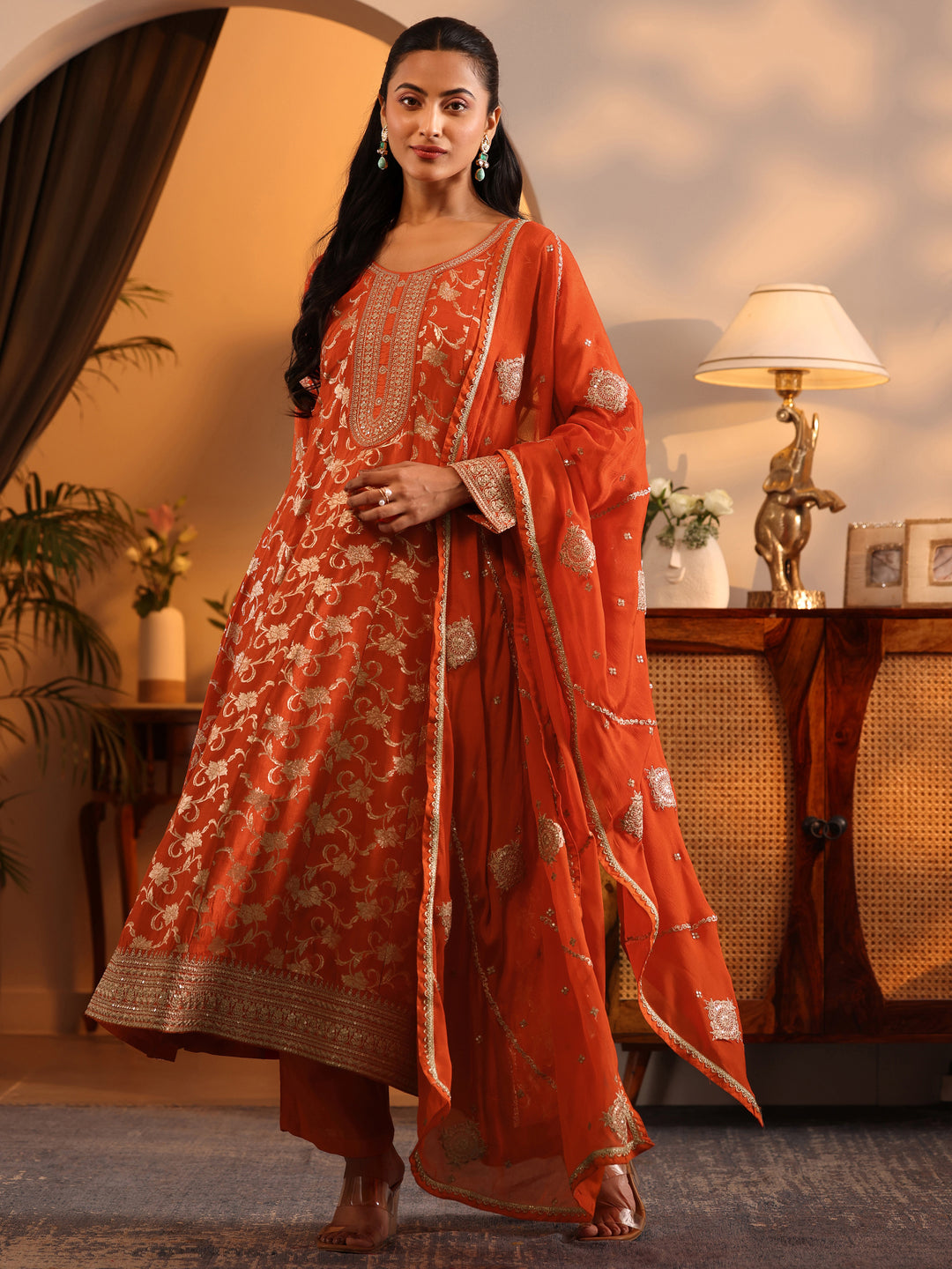  Libas Art Orange Woven Design Silk Blend Anarkali Suit Set With Dupatta 