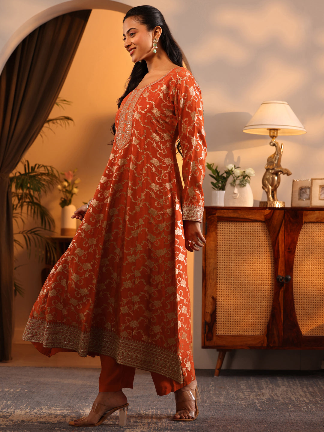  Libas Art Orange Woven Design Silk Blend Anarkali Suit Set With Dupatta 