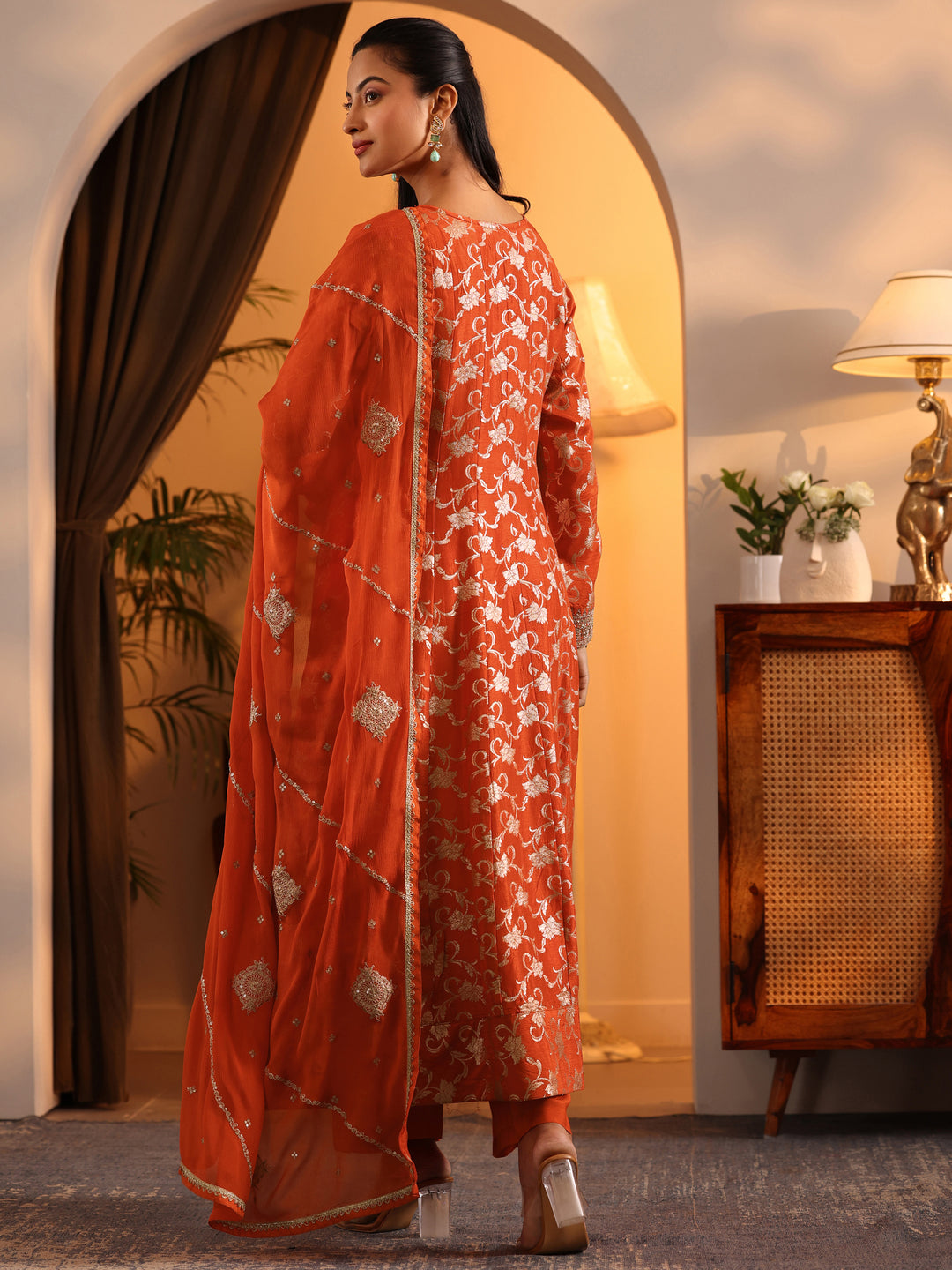  Libas Art Orange Woven Design Silk Blend Anarkali Suit Set With Dupatta 