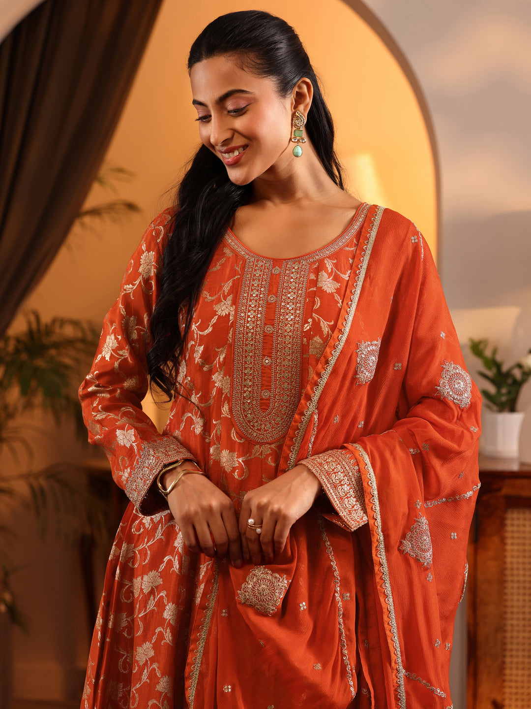  Libas Art Orange Woven Design Silk Blend Anarkali Suit Set With Dupatta 