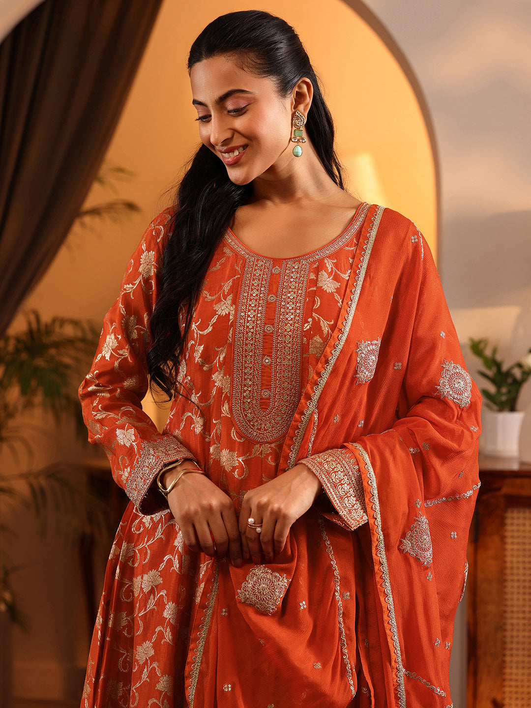  Libas Art Orange Woven Design Silk Blend Anarkali Suit Set With Dupatta 