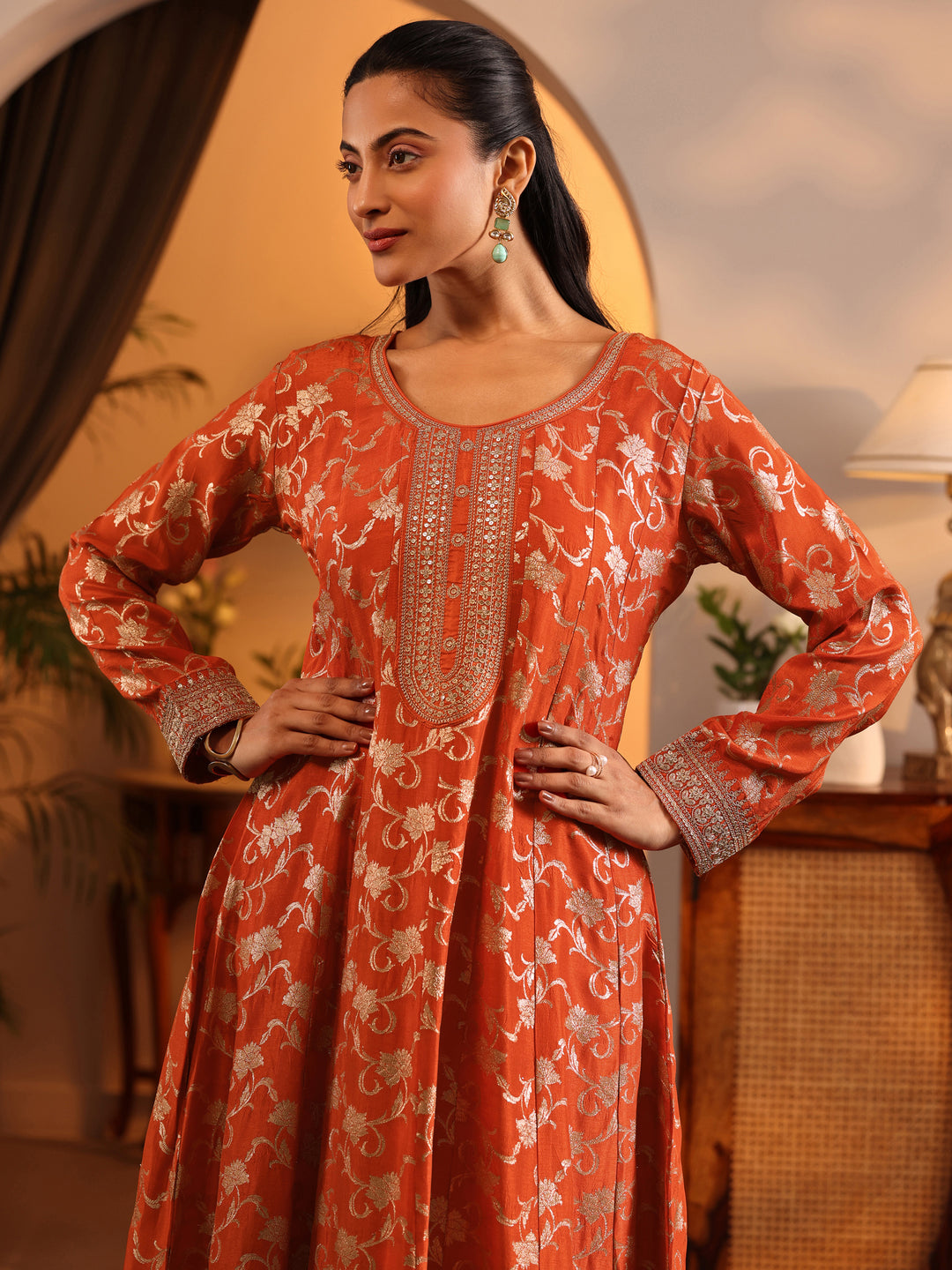 Libas Art Orange Woven Design Silk Blend Anarkali Suit Set With Dupatta 