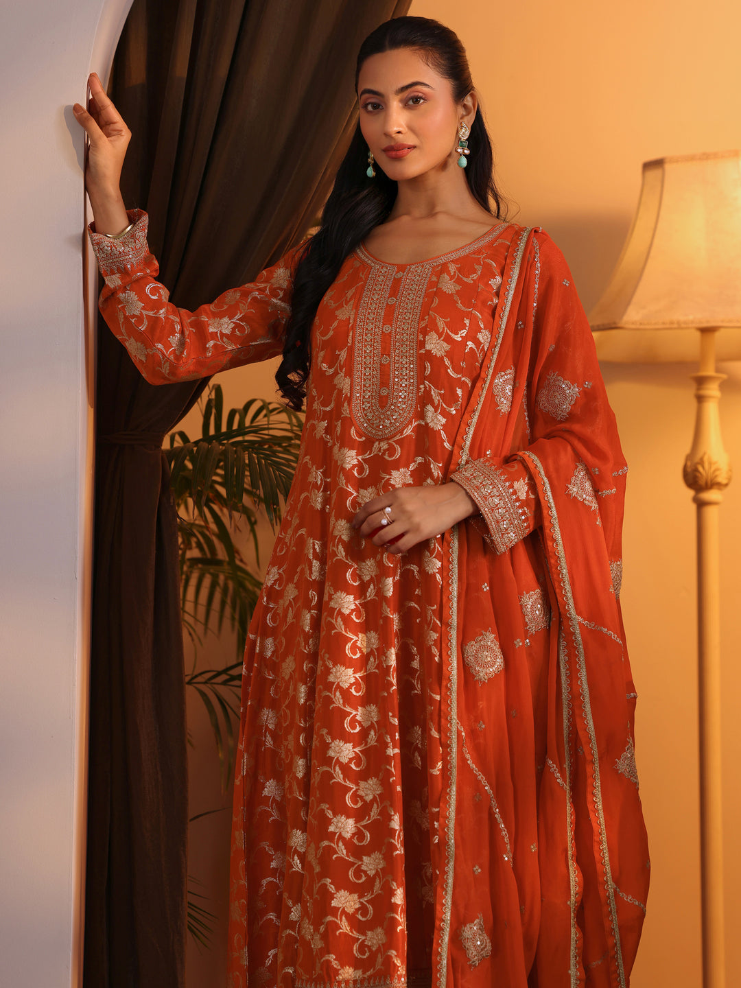  Libas Art Orange Woven Design Silk Blend Anarkali Suit Set With Dupatta 