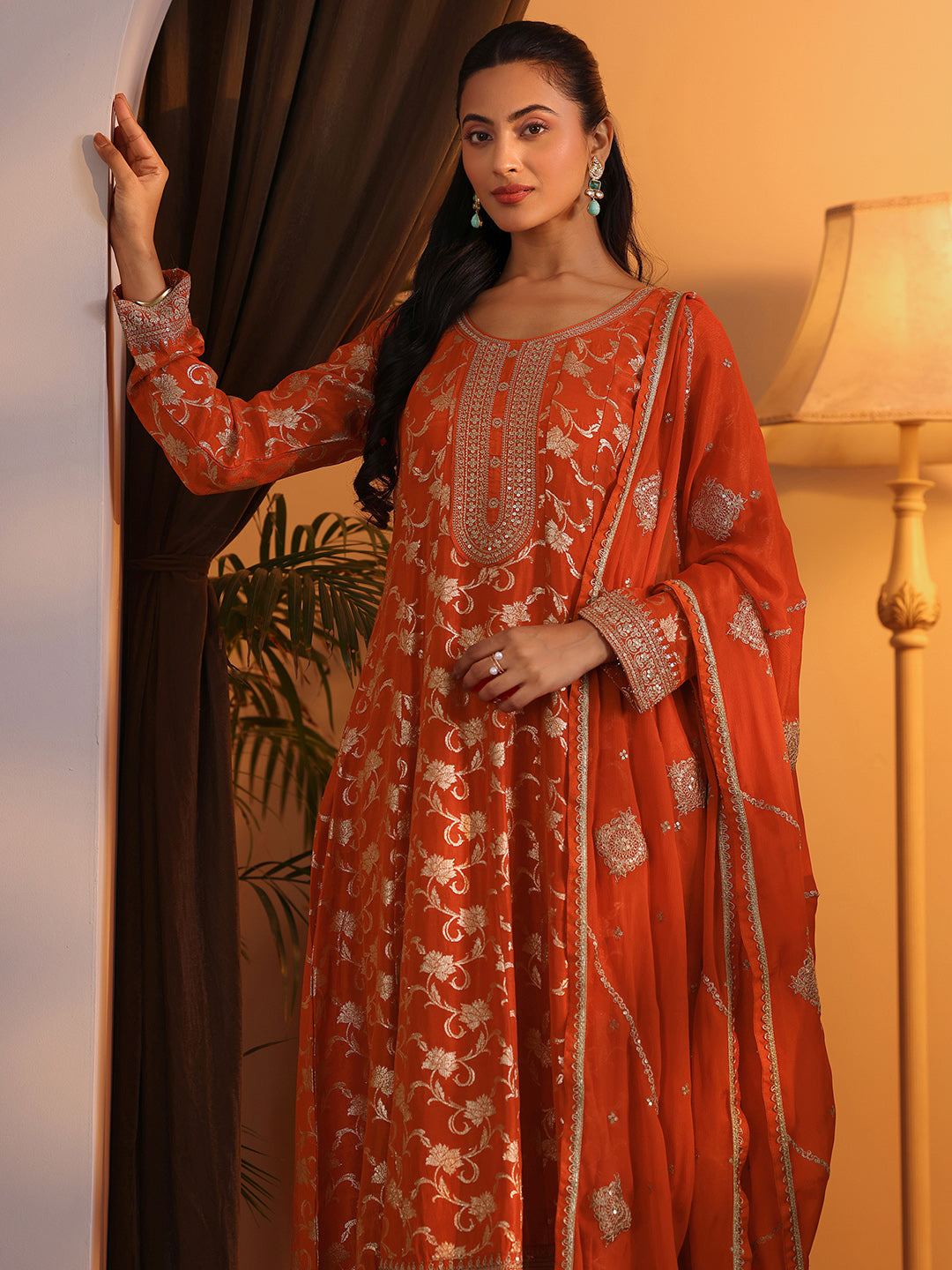  Libas Art Orange Woven Design Silk Blend Anarkali Suit Set With Dupatta 