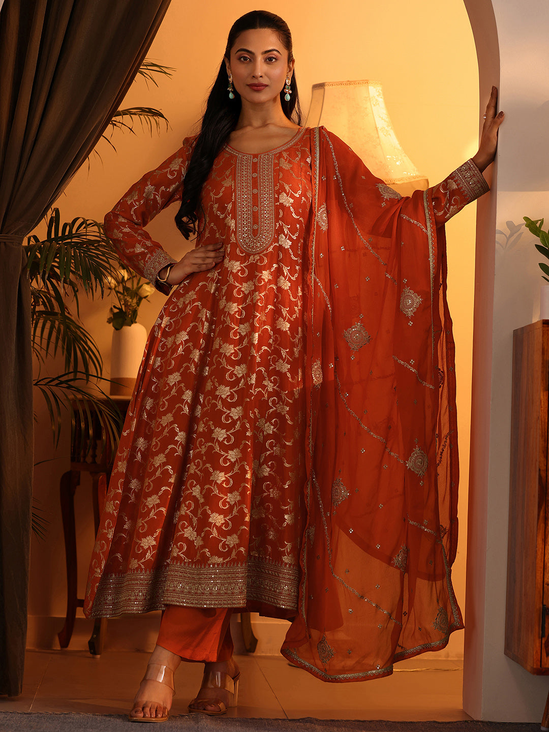  Libas Art Orange Woven Design Silk Blend Anarkali Suit Set With Dupatta 