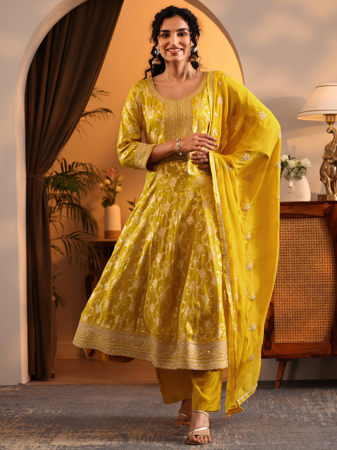  Libas Art Yellow Woven Design Silk Blend Anarkali Suit Set With Dupatta 