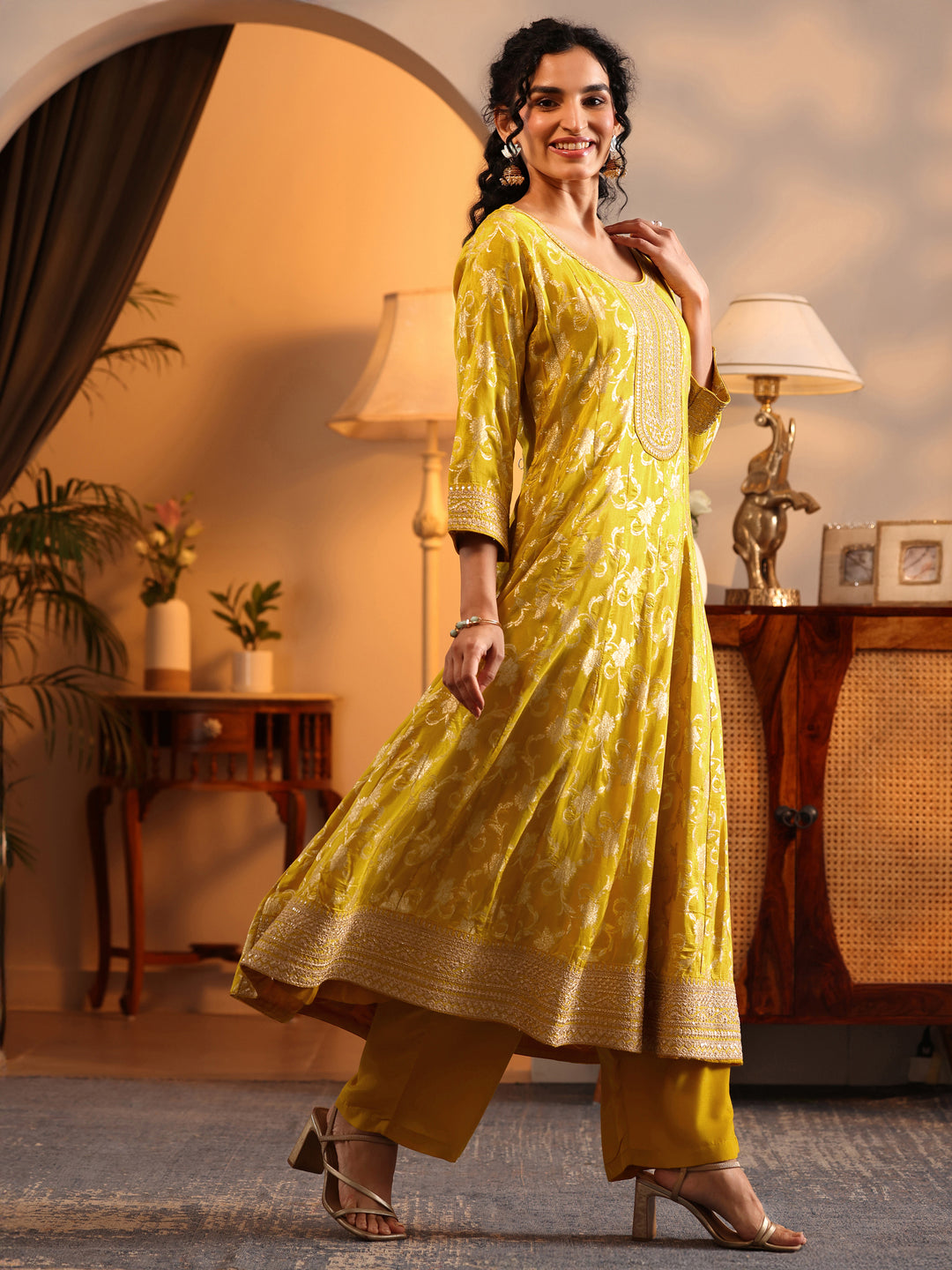  Libas Art Yellow Woven Design Silk Blend Anarkali Suit Set With Dupatta 